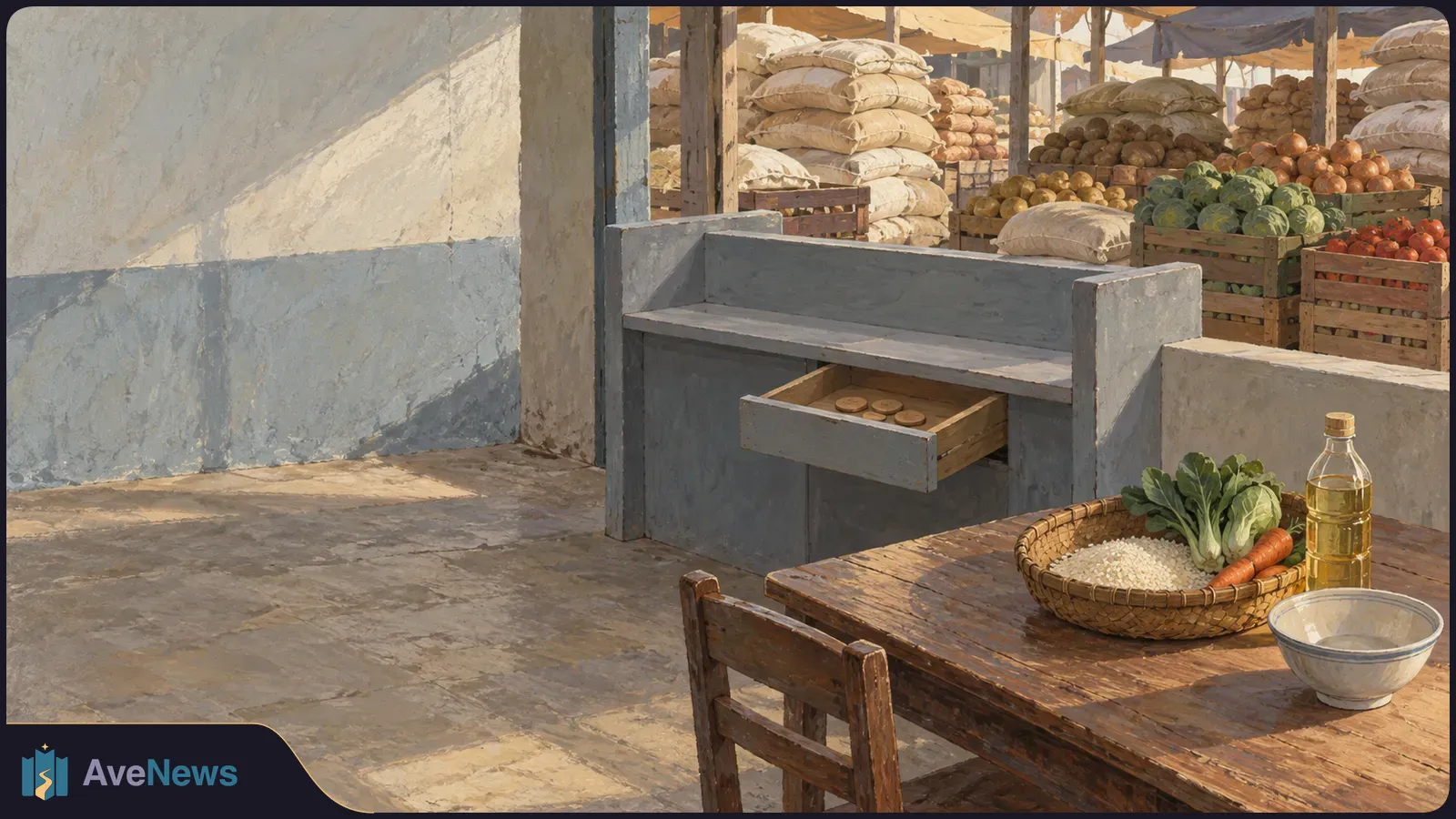Painted market scene with sacks and produce behind a counter. In front, a table holds rice and vegetables in a basket, a bottle of oil and an empty bowl; coins sit in an open drawer. SI illustration