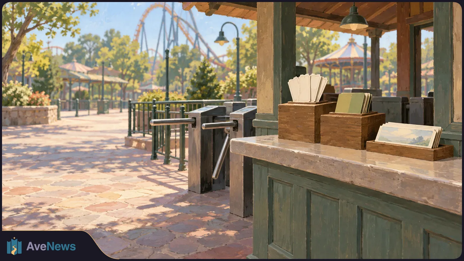 Illustrated amusement park entrance with turnstiles and a ticket counter; a roller coaster and carousel appear beyond the gate. SI illustration