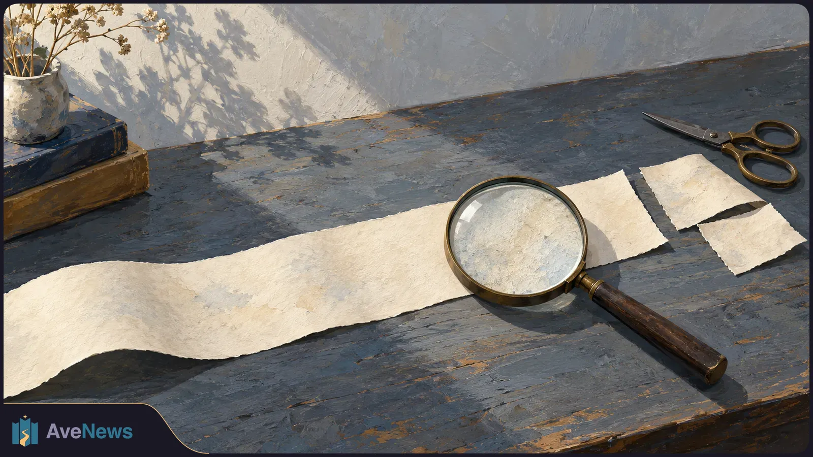 A magnifying glass rests on a long blank paper strip. Scissors and two cut paper pieces lie nearby on a worn blue table, with a vase and stacked books at left. SI illustration