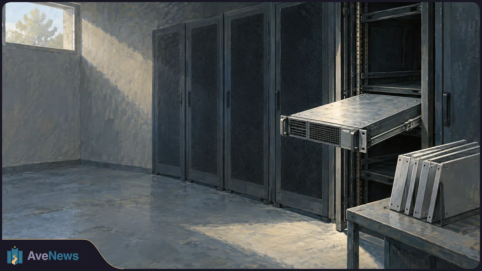 Painterly server room with dark equipment racks, a silver server pulled partway out, and metal panels on a table beside a sunlit window. SI illustration