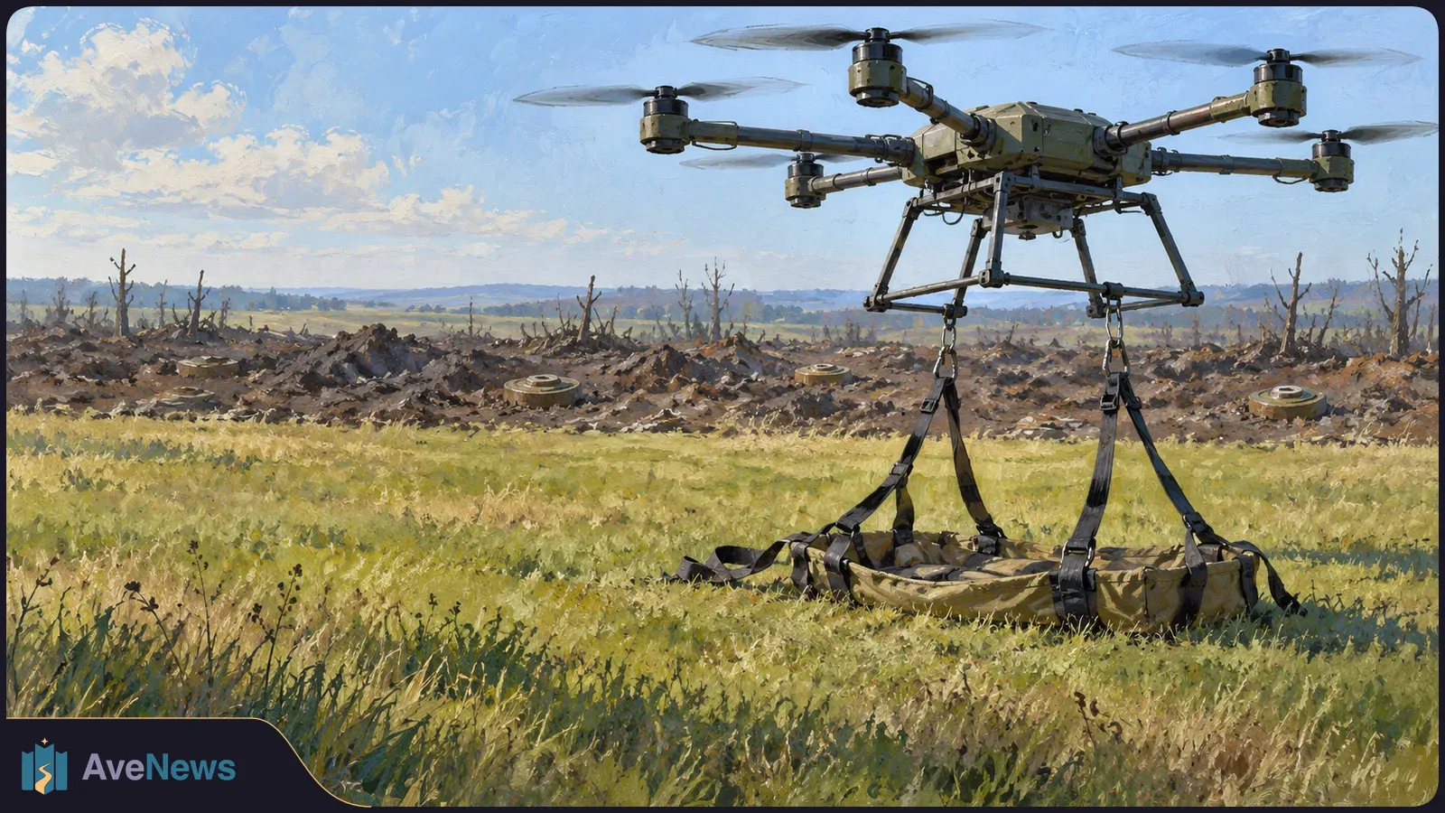 Illustration of a large drone hovering over a grassy field, with straps suspending a camouflage-colored sling beneath it. Bare trees and disturbed earth stretch across the background. SI illustration