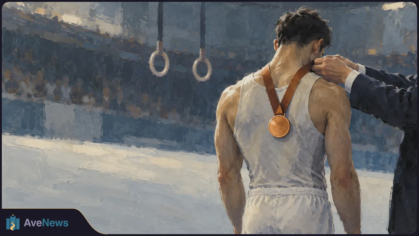 Illustration of a gymnast seen from behind wearing a bronze medal, with a hand resting on his shoulder and gymnastics rings hanging above the arena floor. SI illustration