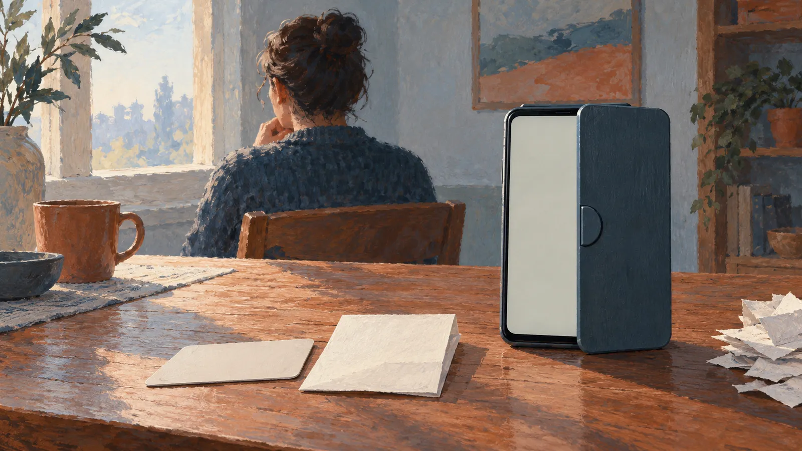 A woman sits facing a sunlit window behind a wooden table with a blank-screen phone, a mug and pieces of paper. SI illustration