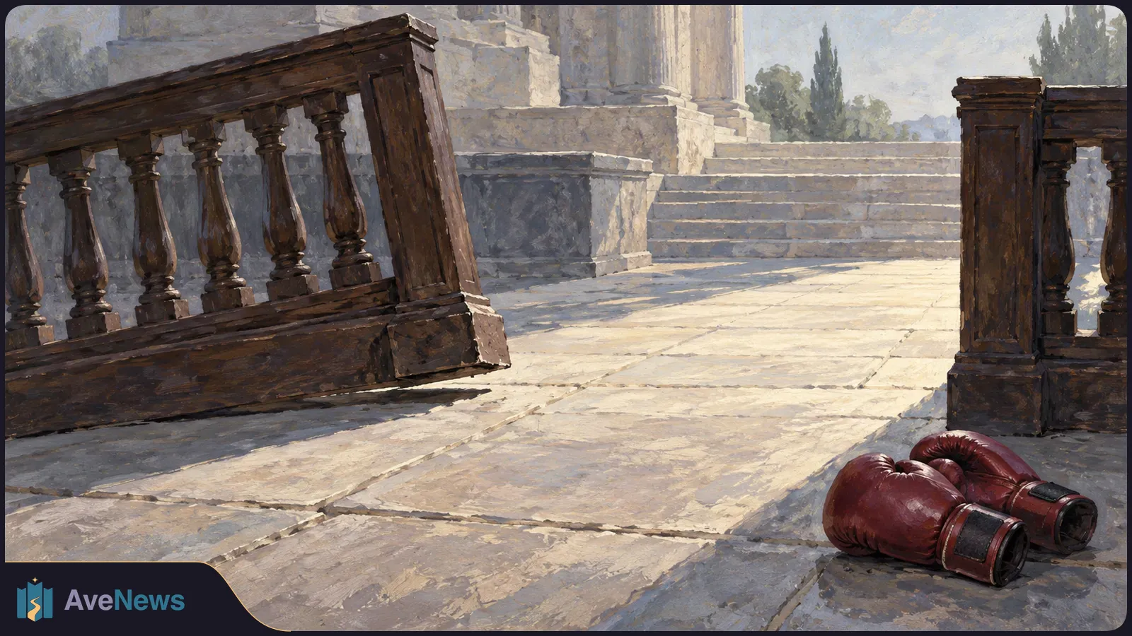 Painting of red boxing gloves on a stone walkway beside wooden railings, with steps and columns in the background. SI illustration