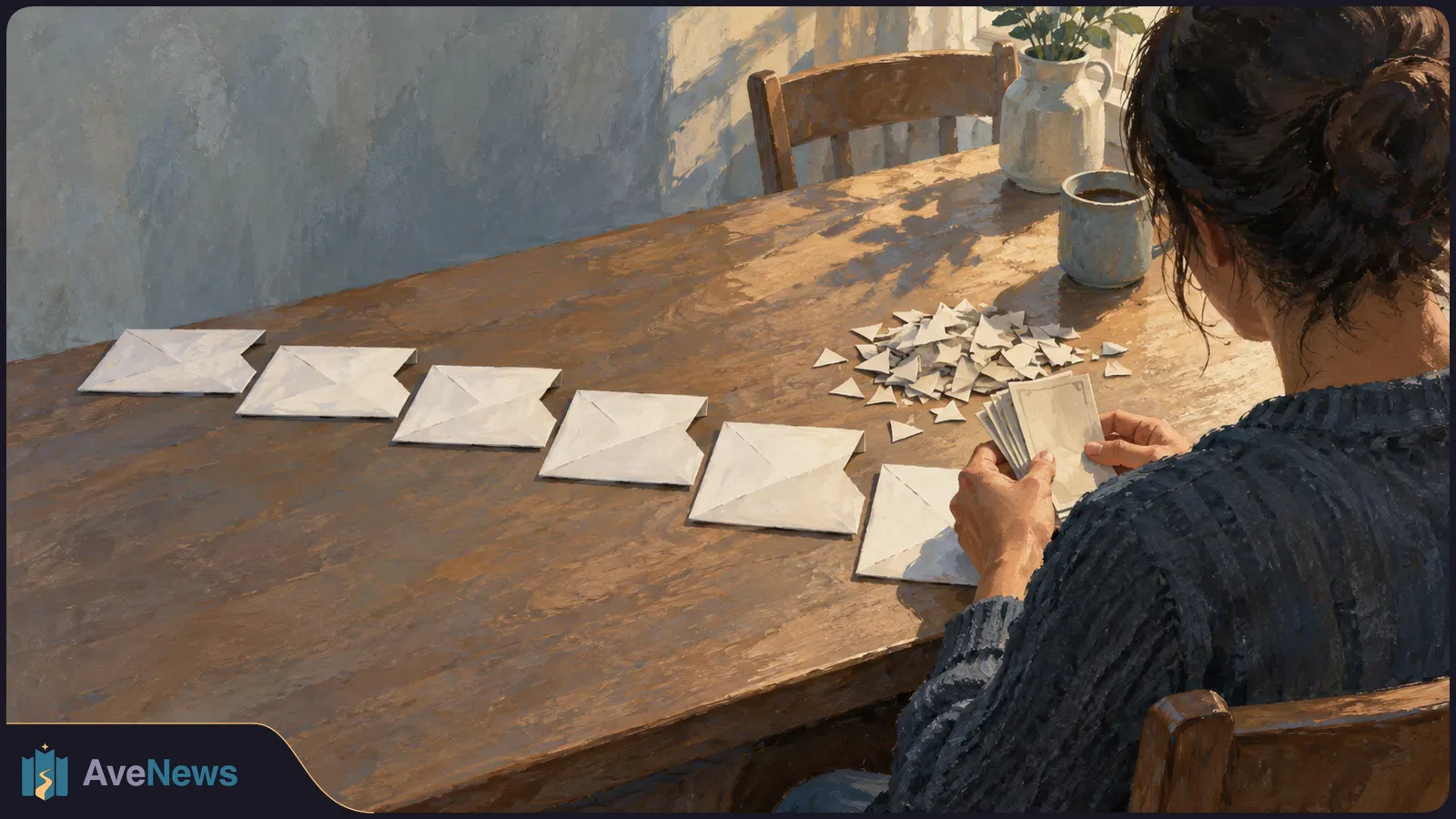 Painted scene of a woman seen from behind holding a stack of papers at a wooden table lined with white envelopes. Small paper scraps, a cup and a vase sit nearby. SI illustration
