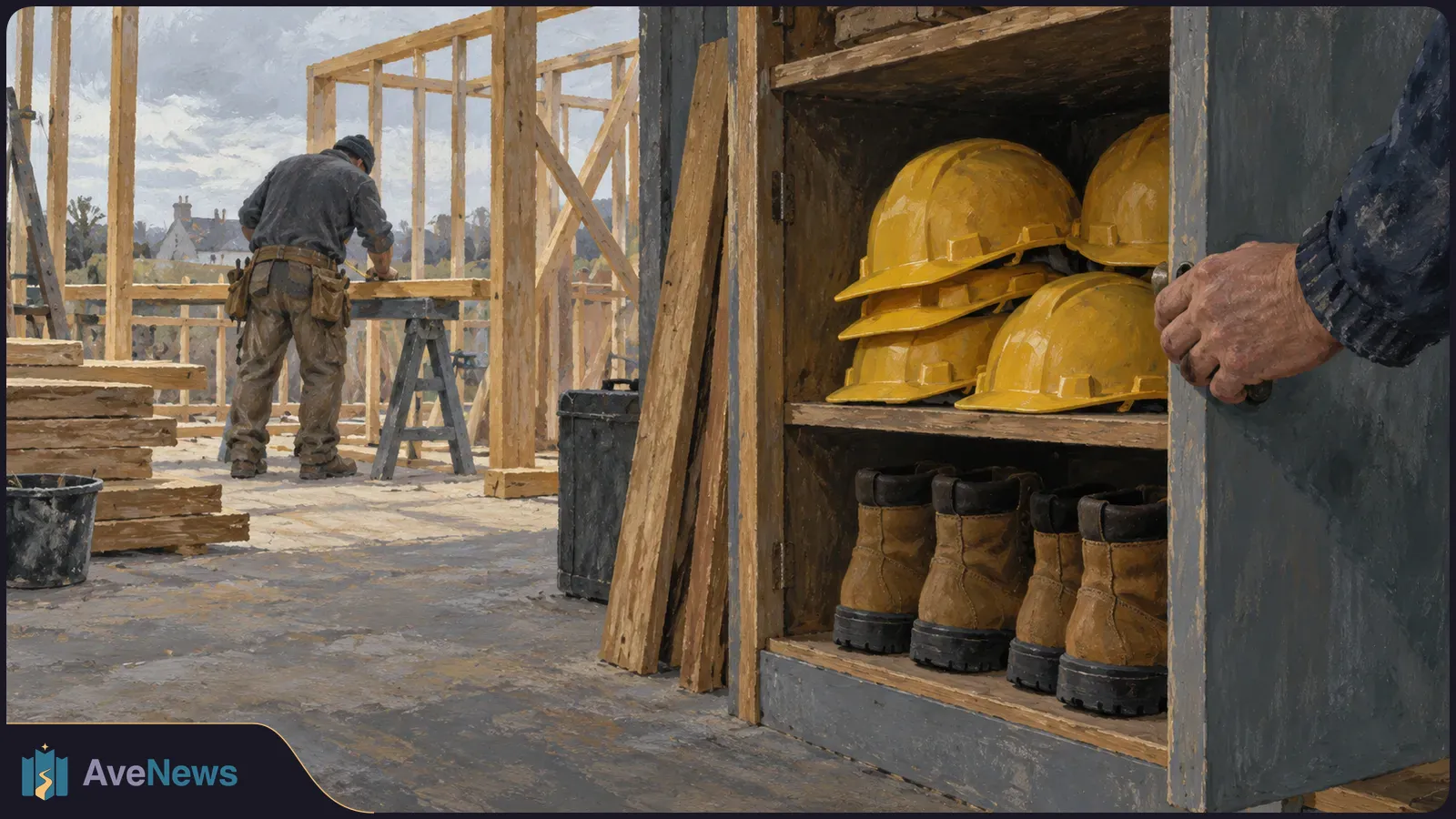 Painterly construction site with a worker by timber framing. An open cabinet in the foreground holds yellow hard hats and work boots; a hand grips its door. SI illustration