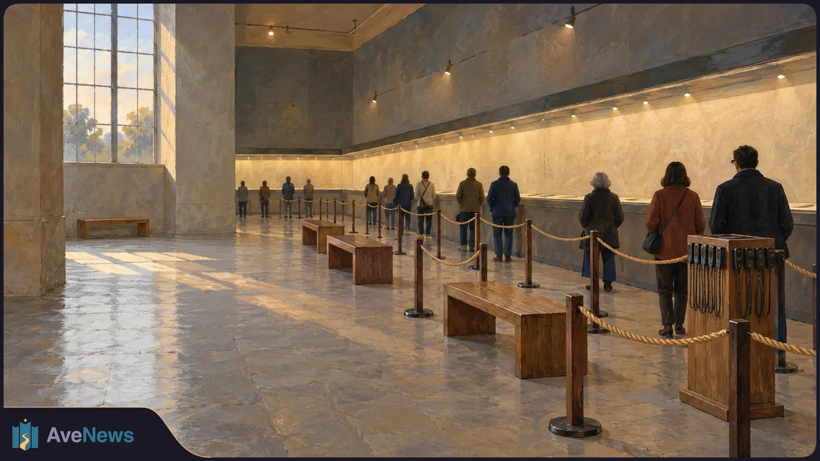 Painted museum gallery with visitors beside a long illuminated display, rope barriers, wooden benches and a rack of audio guides. SI illustration