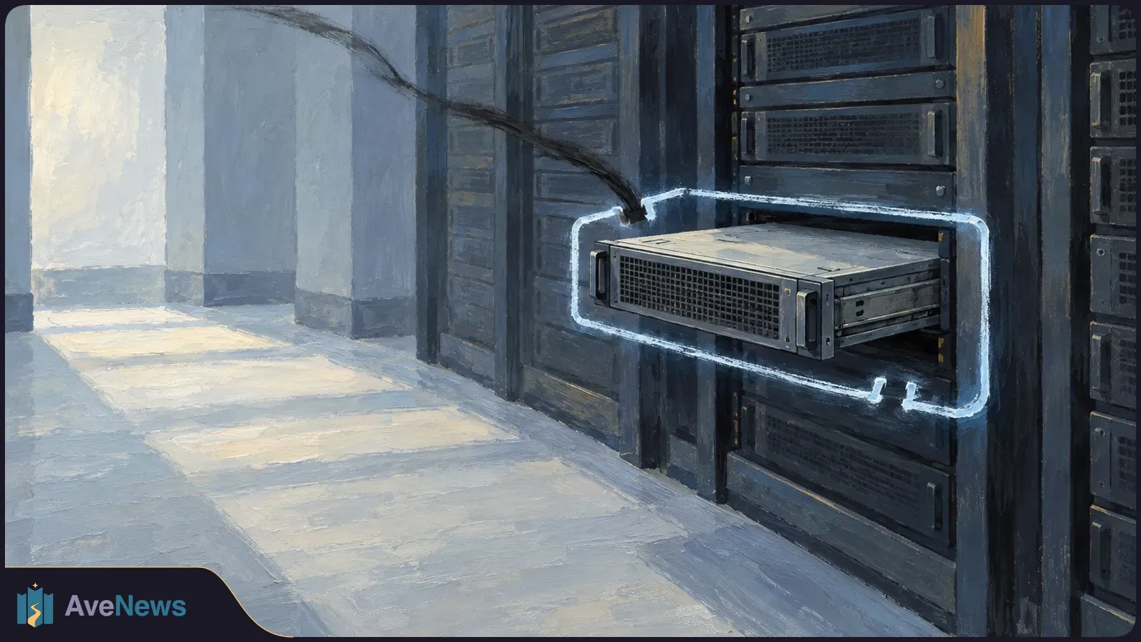 Painted server room with dark equipment racks; one server unit projects from a rack, framed by a white outline, with a cable running toward it. SI illustration