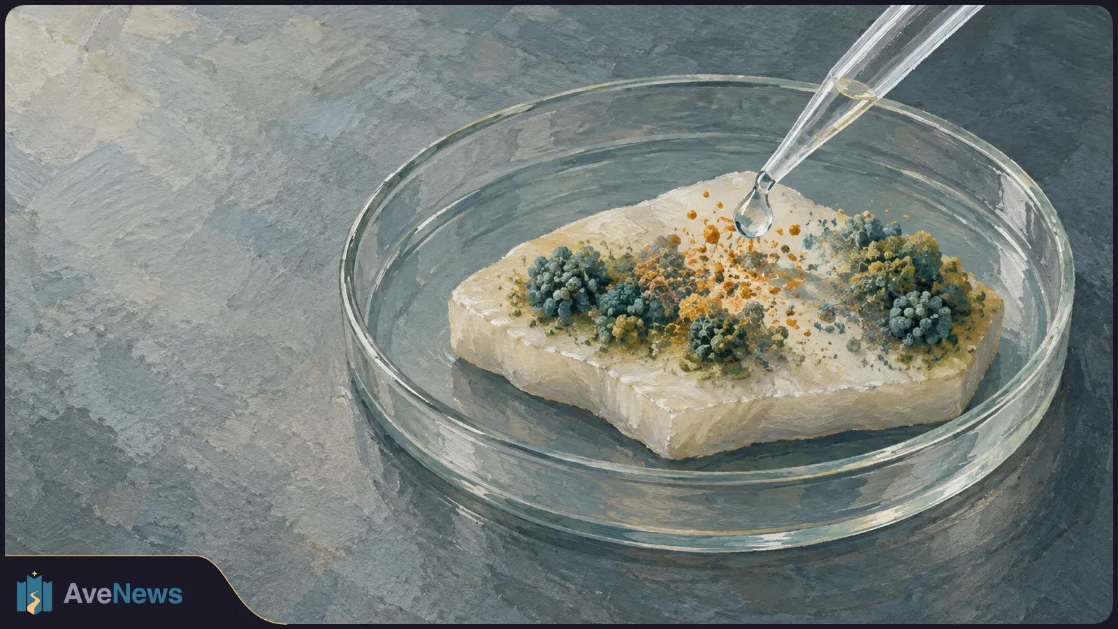 A painted glass dish holds a pale rectangular sample with blue-green and ochre clusters; a pipette hovers above it with a clear droplet. SI illustration