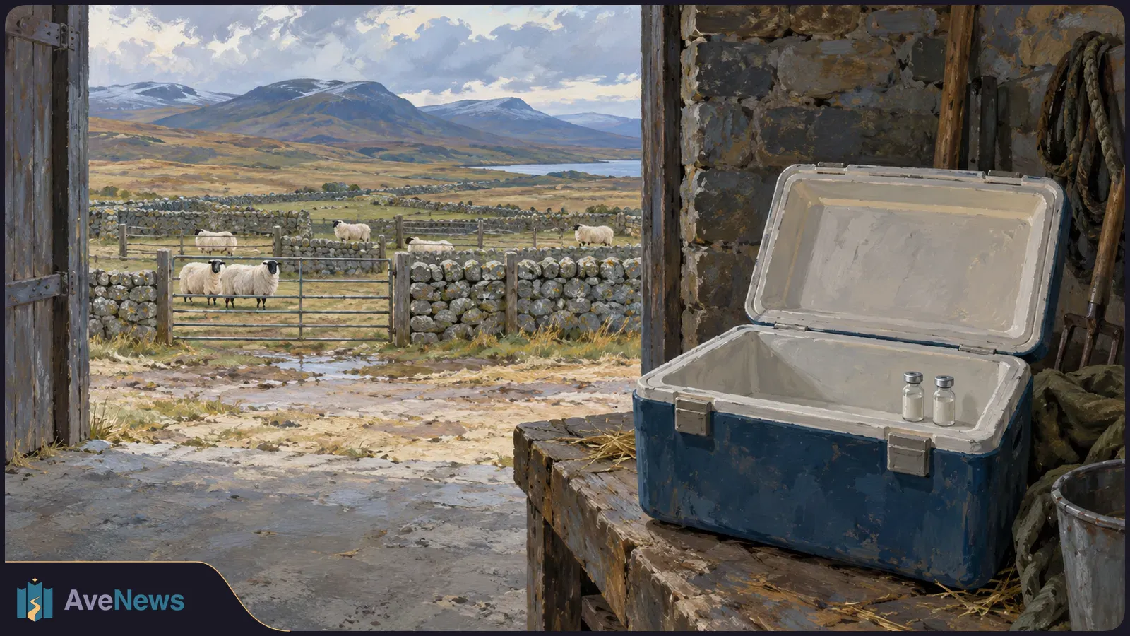 An open blue cooler with two small vials sits inside a stone barn. Beyond the doorway, sheep stand behind a gate, with hills and water in the distance. SI illustration