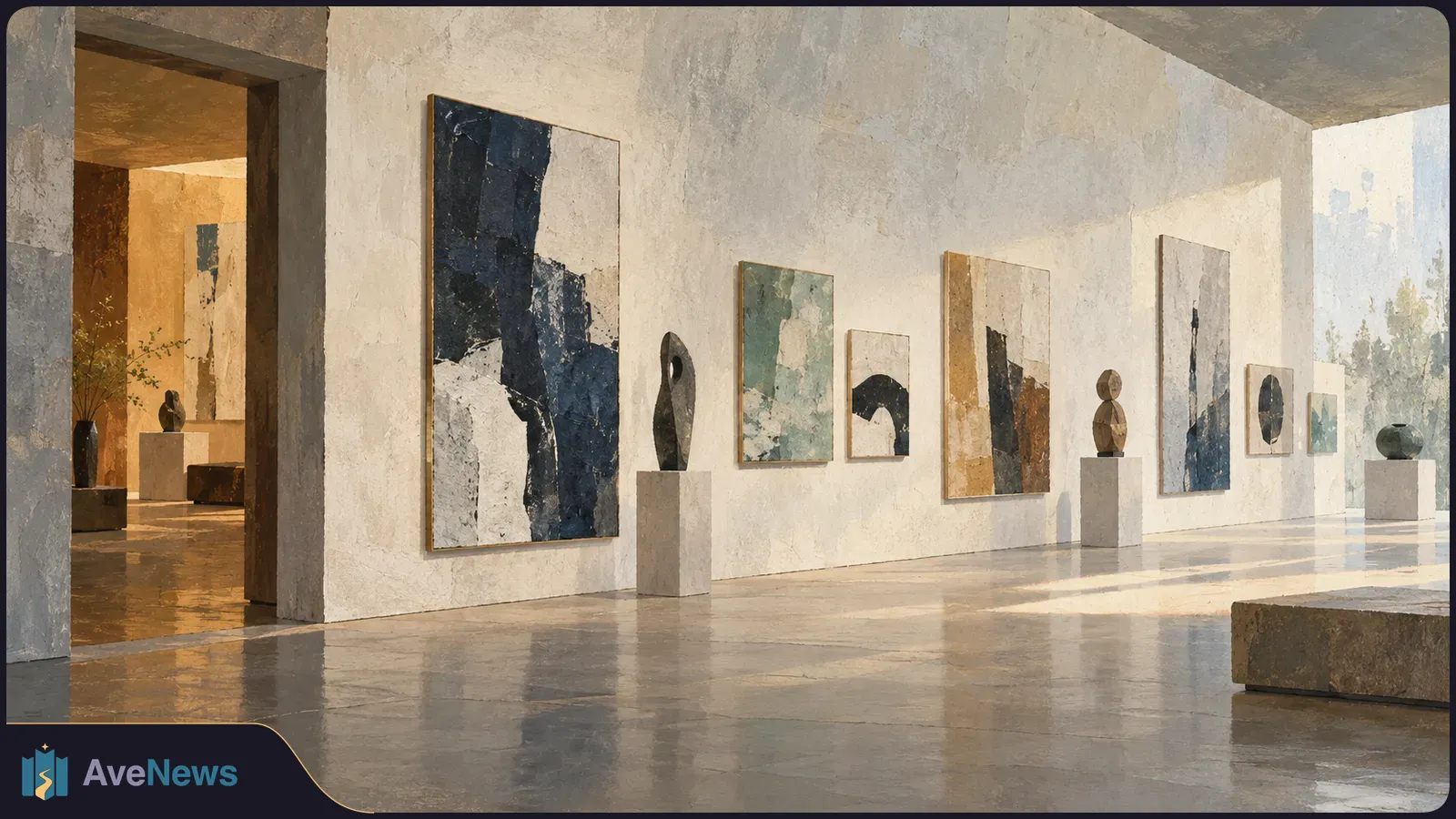 A softly lit art gallery with abstract paintings on pale walls, small sculptures on plinths and reflections on the polished floor. SI illustration