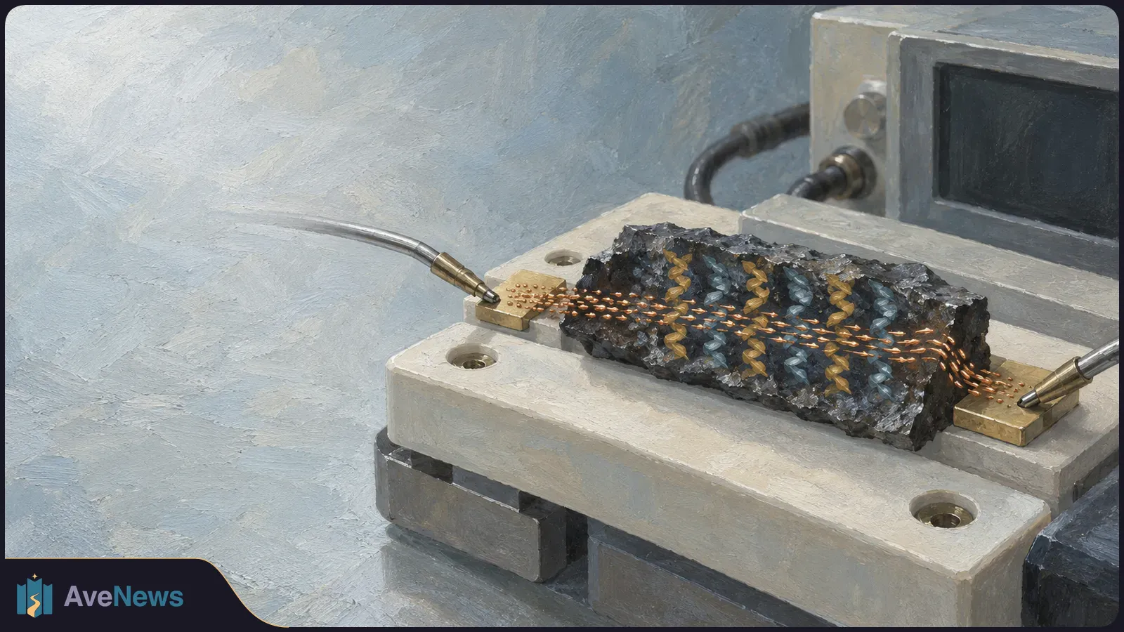 A painted dark crystal-like sample sits between two wired metal contacts on a lab platform. Orange dotted streams cross it amid alternating gold and blue spirals. SI illustration