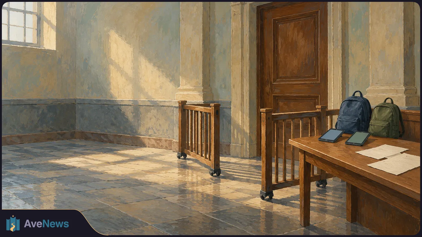 Painted sunlit room with wooden railings and a closed door. Two backpacks sit behind a table holding two blank-screen tablets and loose papers. SI illustration