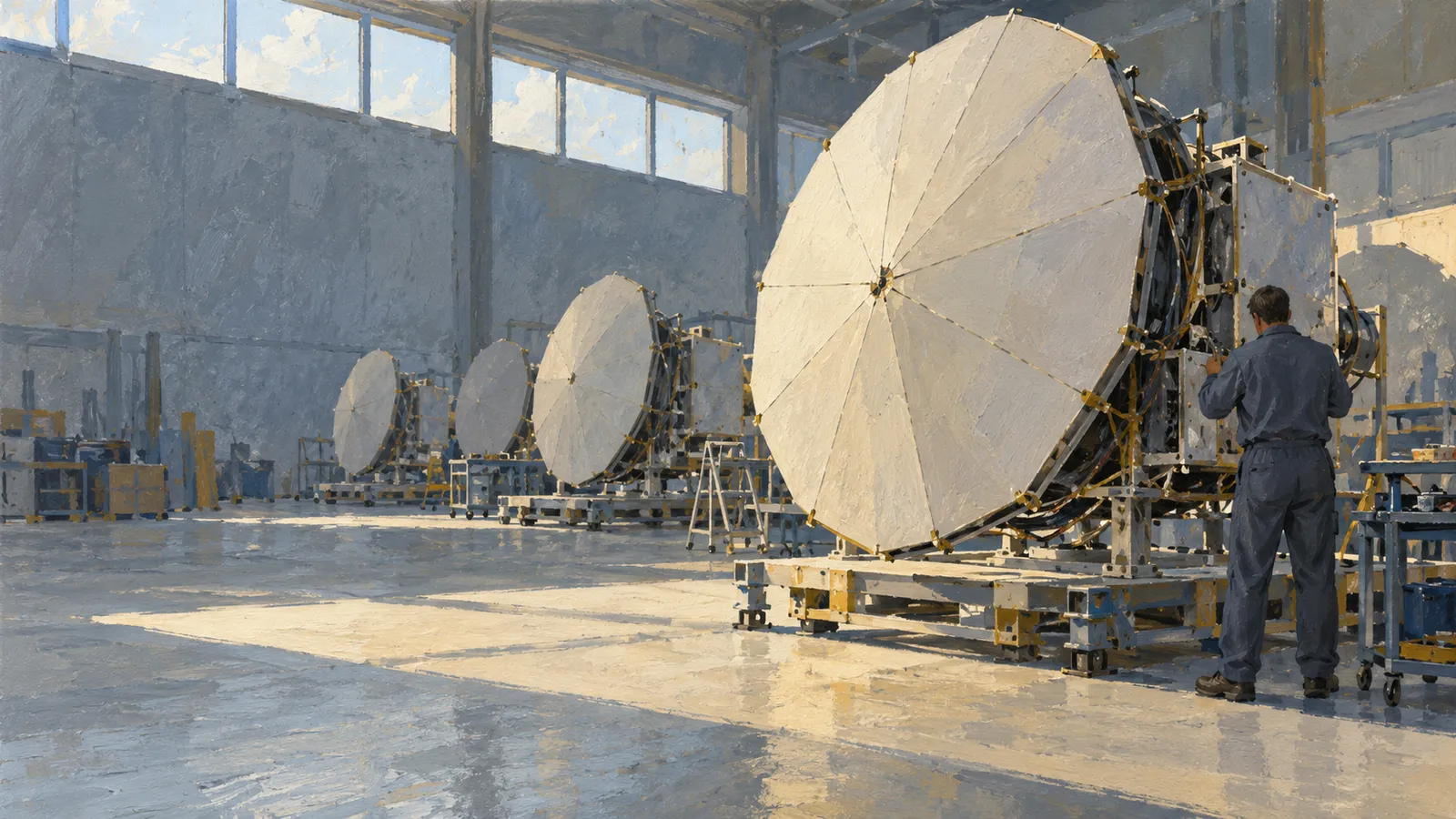 A worker stands beside a large circular segmented structure in a sunlit industrial workshop, with several similar structures lined up behind it. SI illustration