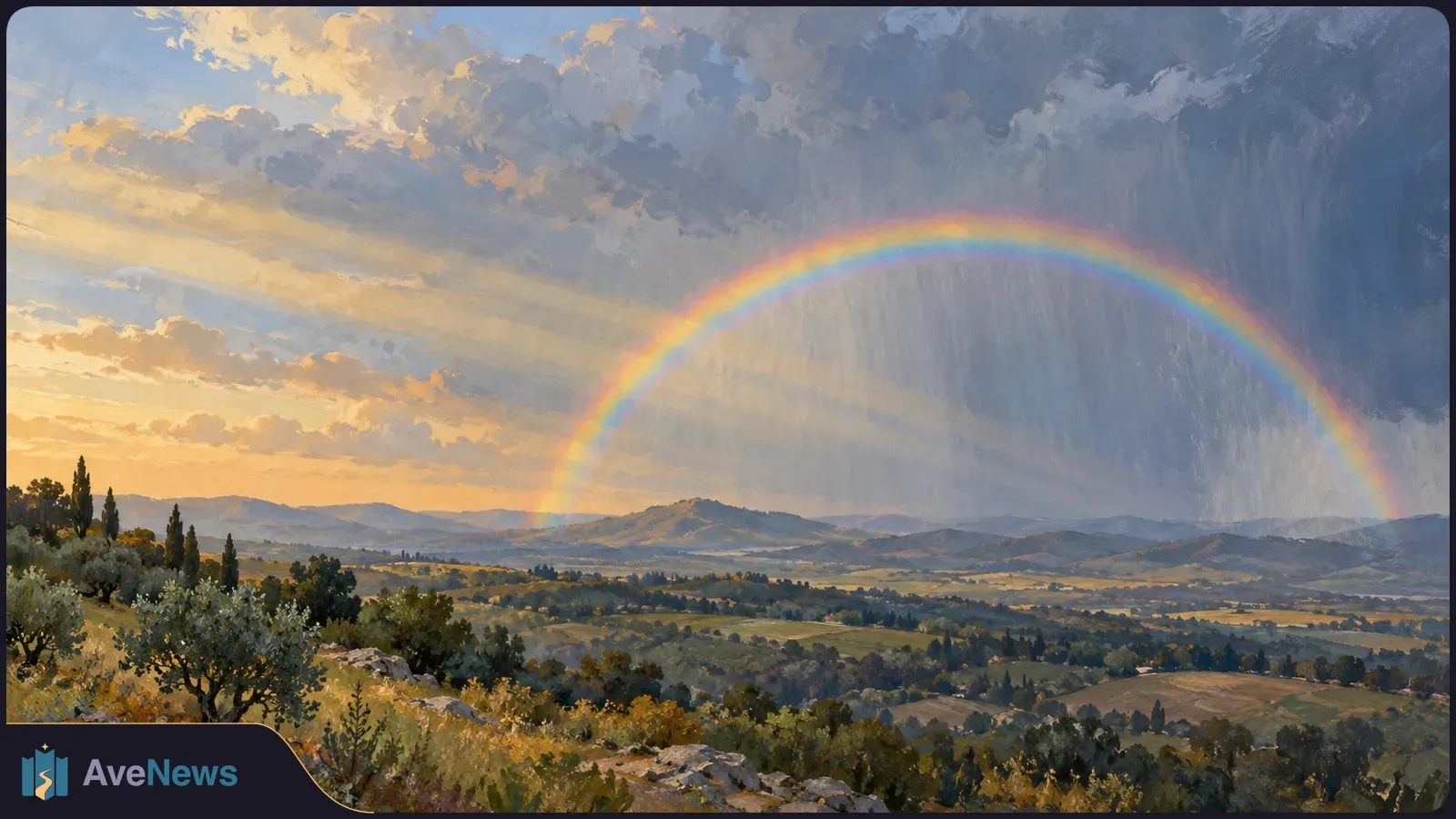 Painterly landscape of a rainbow arching over rolling hills and trees, beneath dark rain clouds and a warm sunset sky. SI illustration