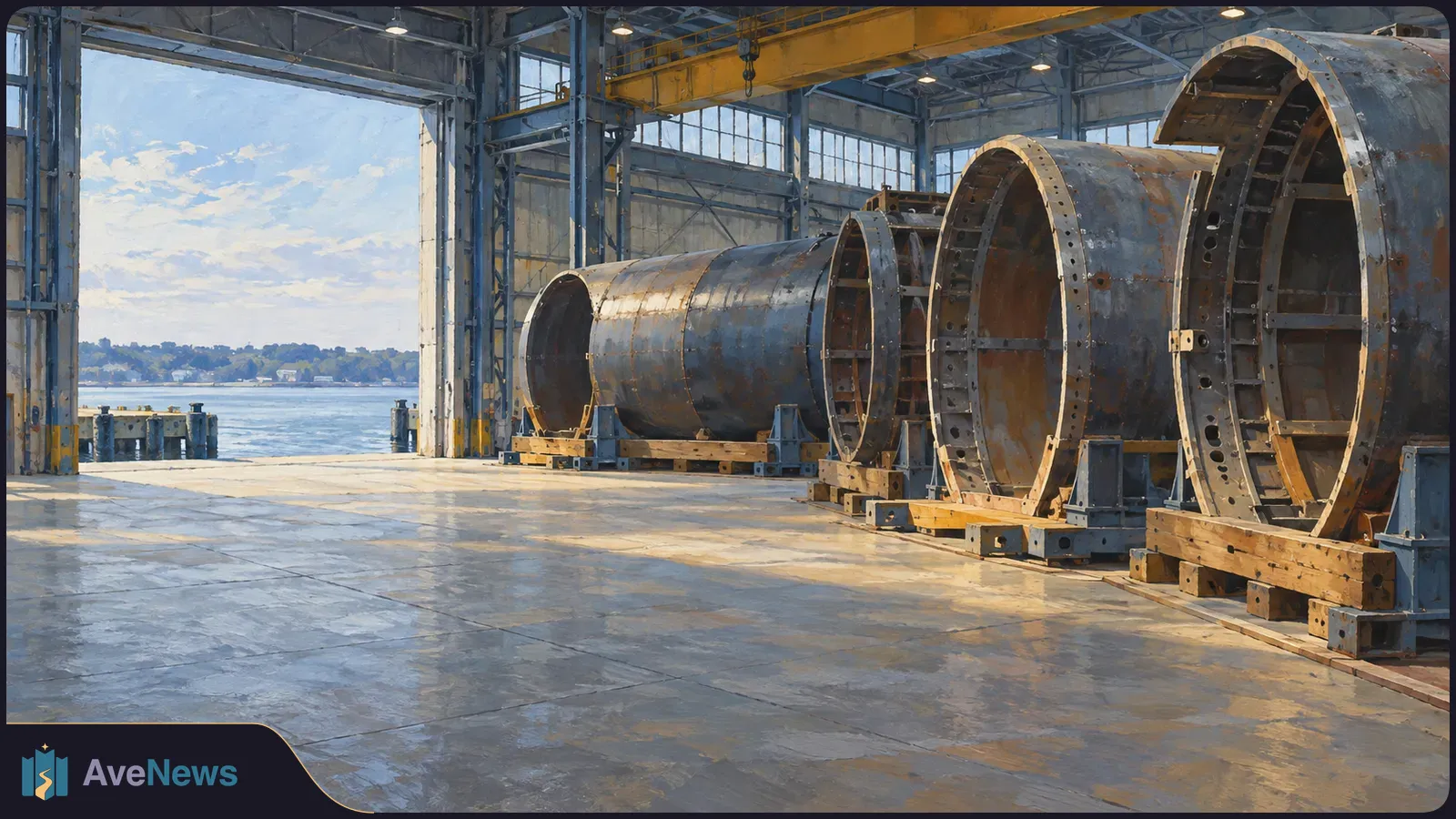 A painted waterfront industrial hall holds large cylindrical metal sections beneath an overhead crane, with water visible through an open bay. SI illustration