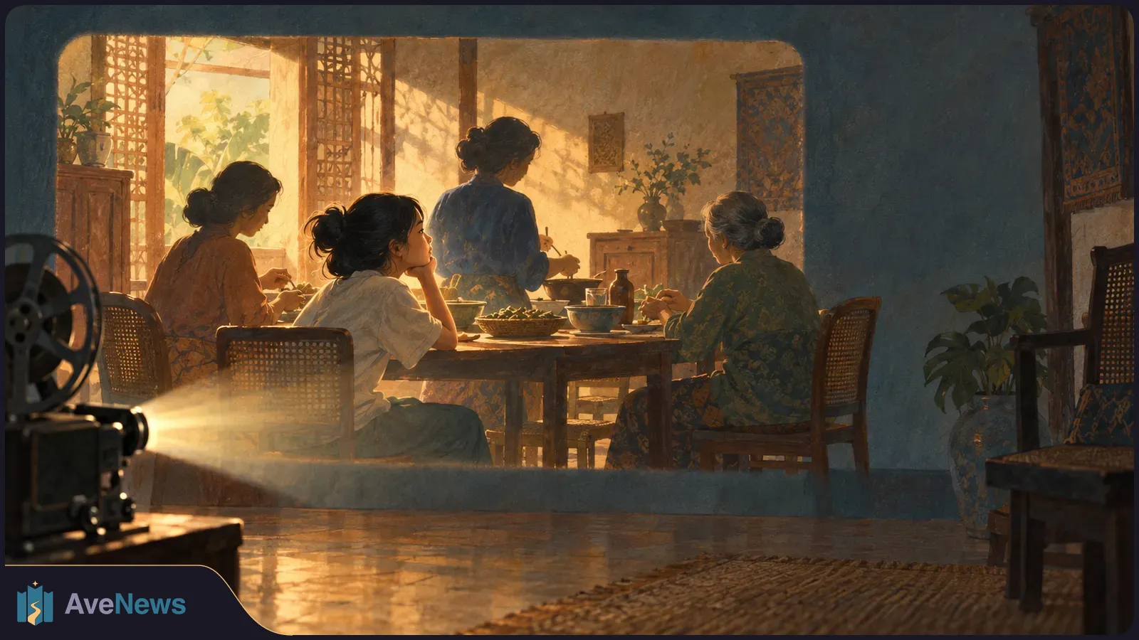 Illustration of four women gathered around a dining table in a sunlit room, with a film projector casting a beam from the foreground. SI illustration