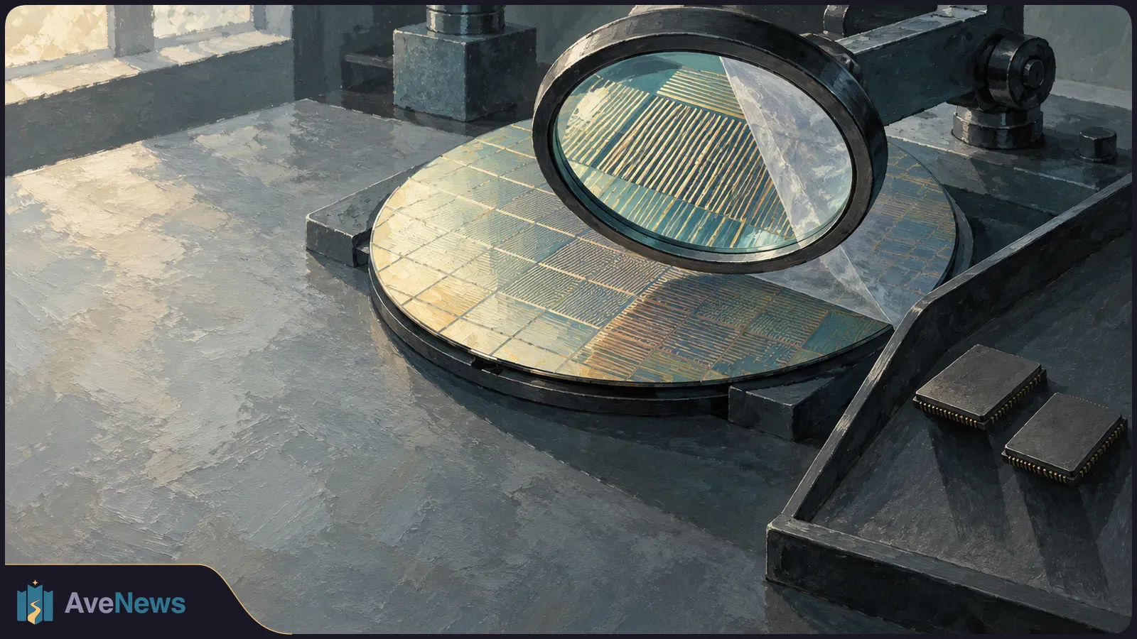 Painted illustration of a patterned semiconductor wafer beneath a magnifying lens, with two loose chips on a dark workbench. SI illustration