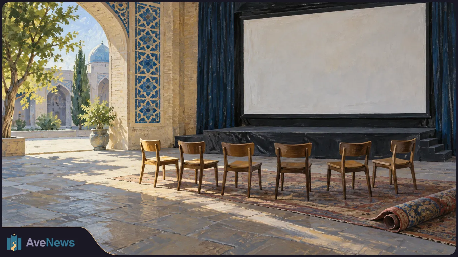 Painted courtyard with six empty wooden chairs facing a blank projection screen; blue-tiled arches, a tree and a rolled carpet are visible. SI illustration