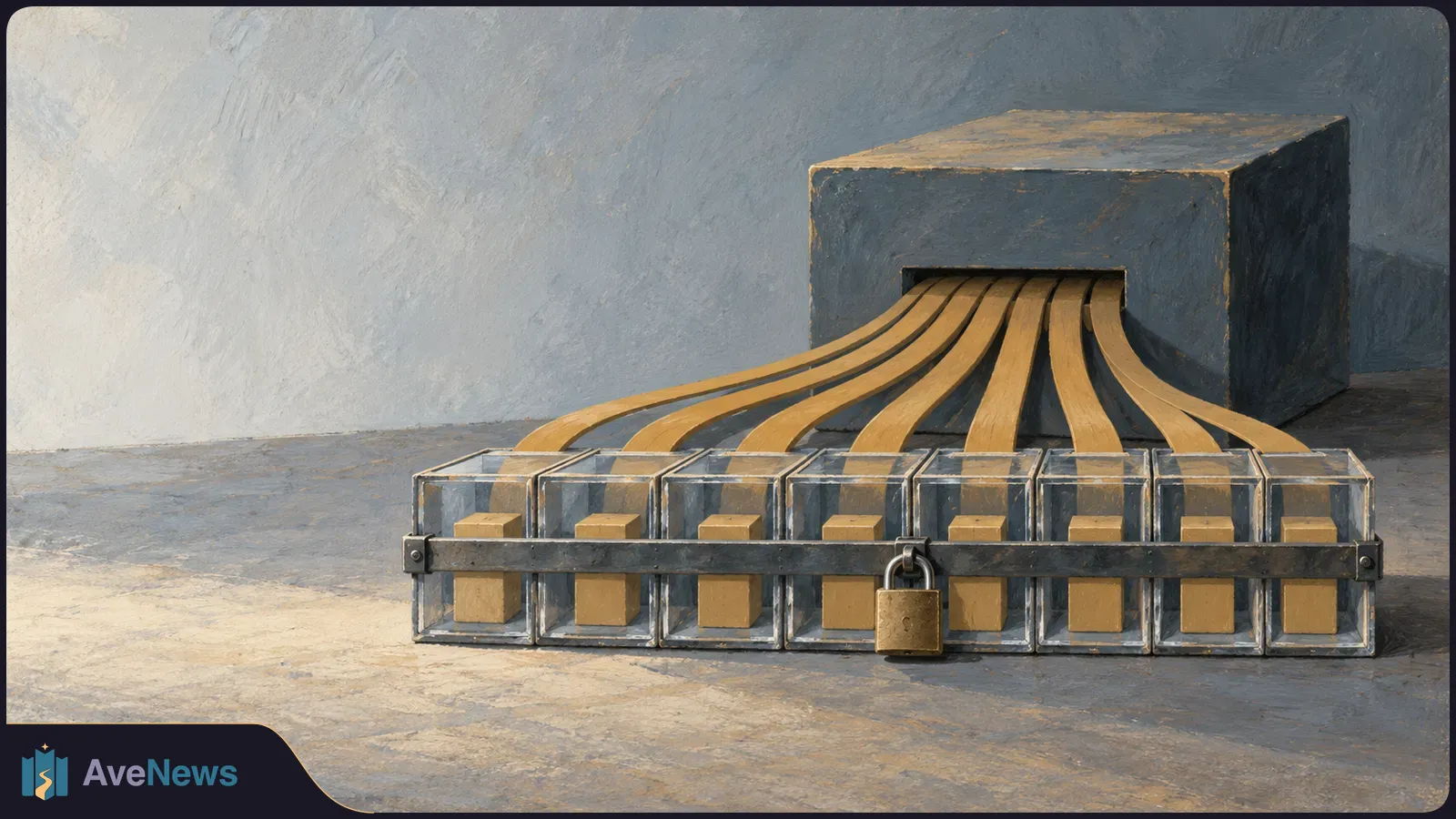 Painted illustration of tan strips emerging from a dark box into eight clear compartments, held behind a metal bar with a closed padlock. SI illustration