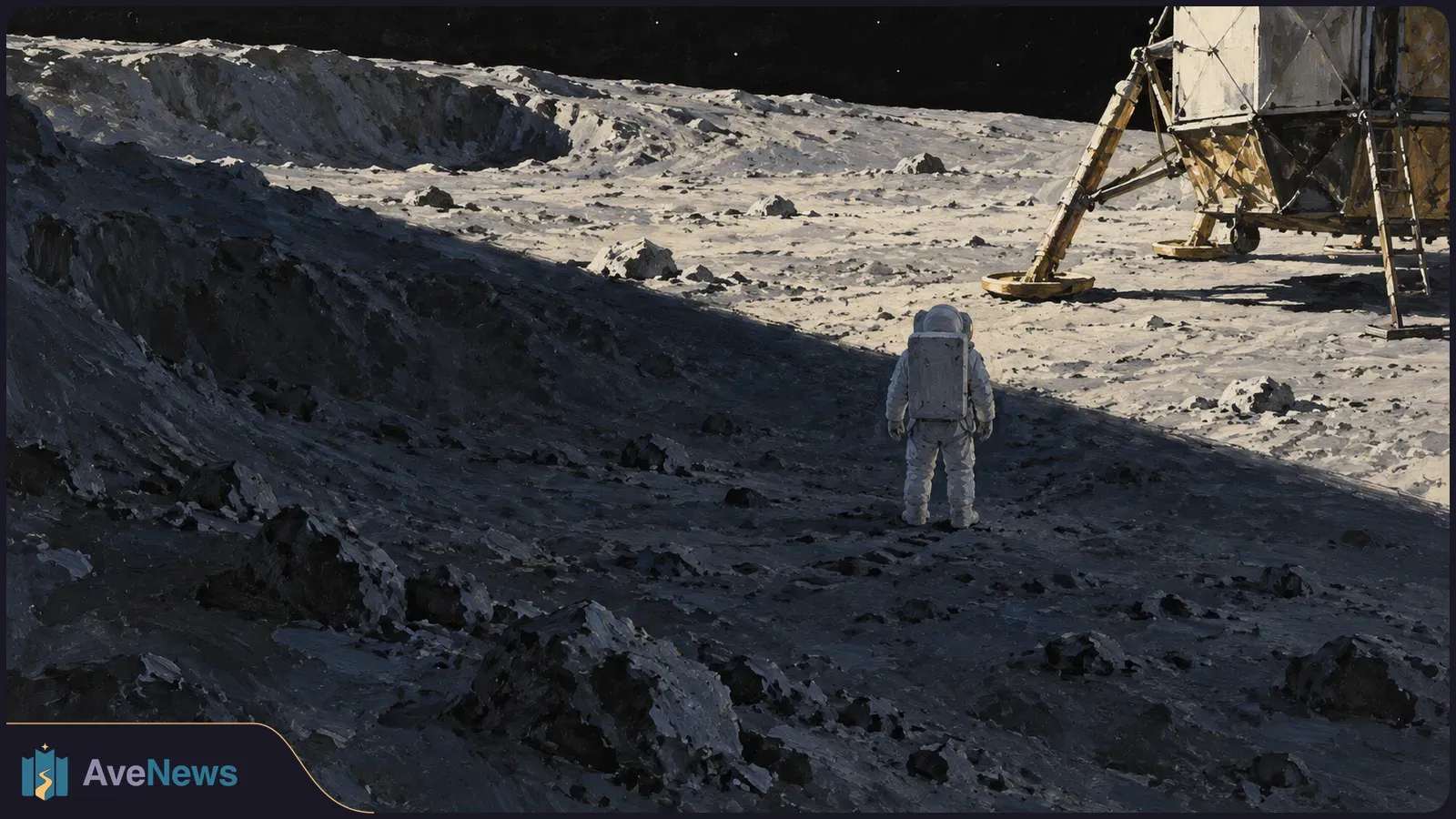 An astronaut in a white spacesuit stands in shadow on rocky lunar ground near a sunlit lander partly visible at right. SI illustration