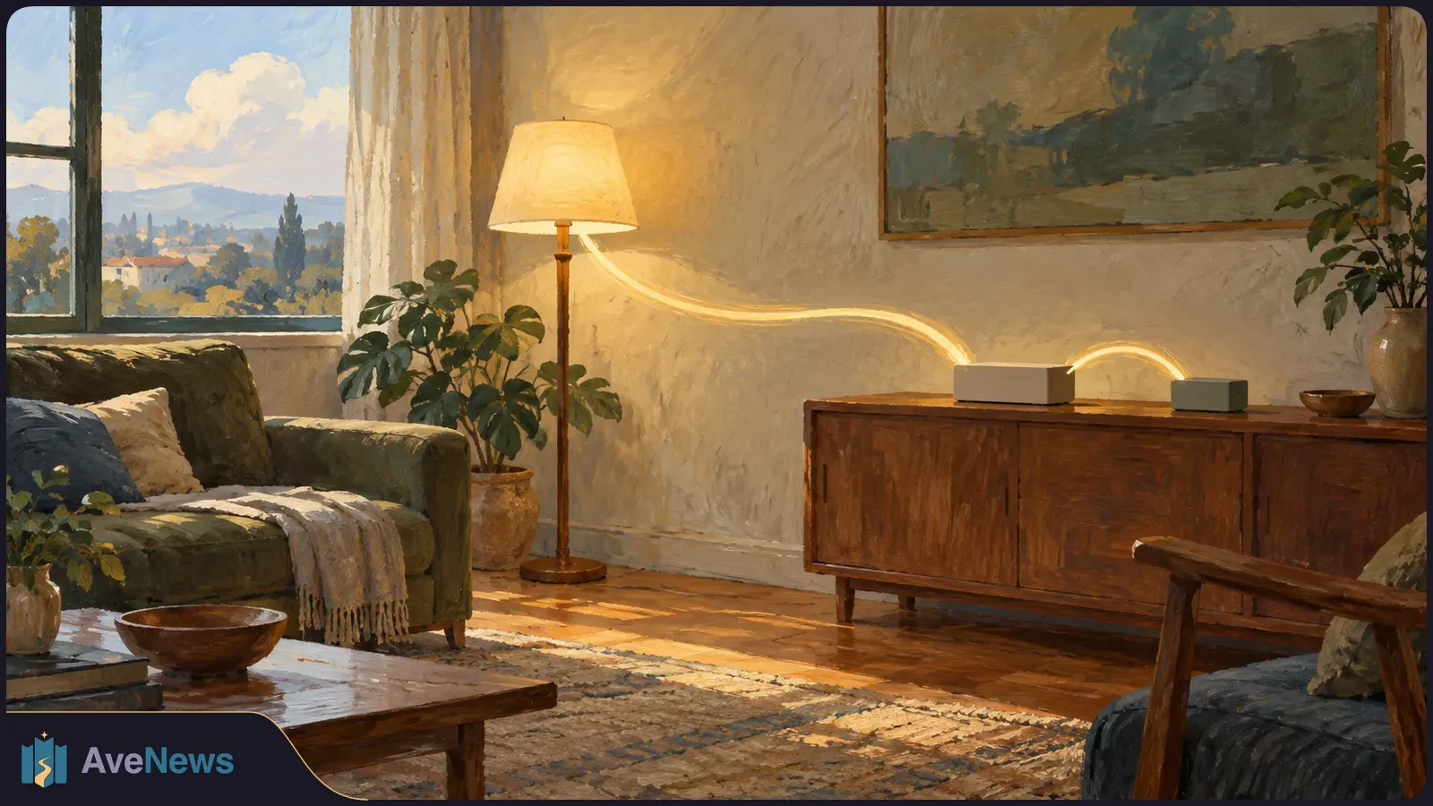 Painted living room with a lit floor lamp, two plain box-shaped devices on a wooden cabinet, and glowing lines linking them. SI illustration