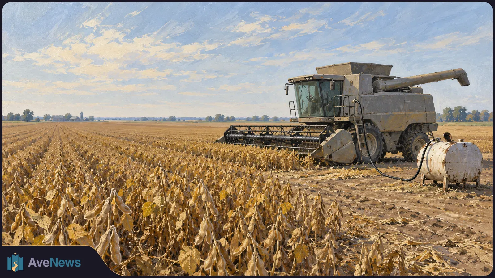 A combine in a soybean field is connected by a hose to a white fuel tank. Harvested rows and distant trees stretch beneath a cloudy sky. SI illustration