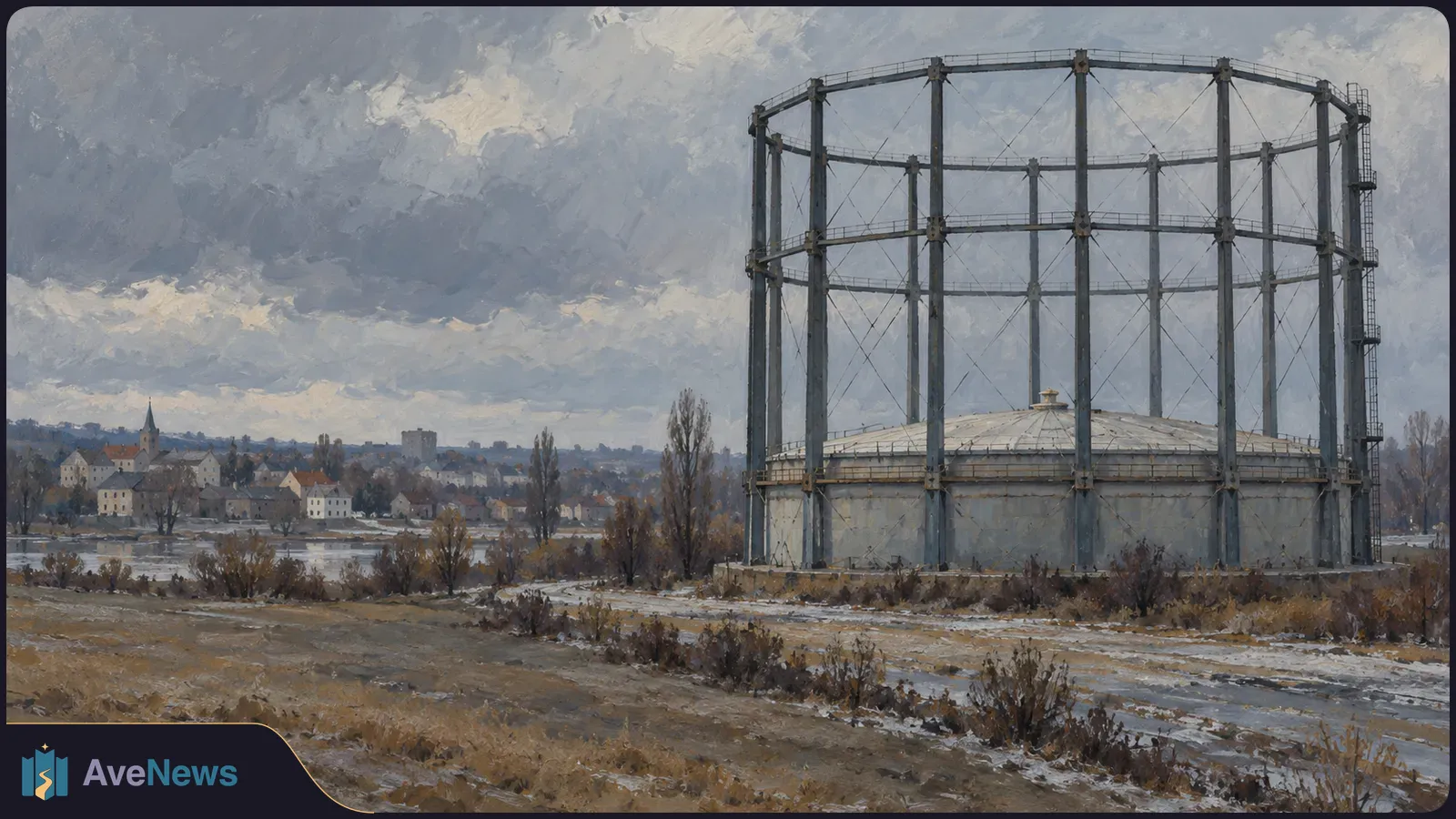 Painterly scene of a large gas storage tank in a metal frame beside a snowy field, with a town in the distance beneath a cloudy sky. SI illustration