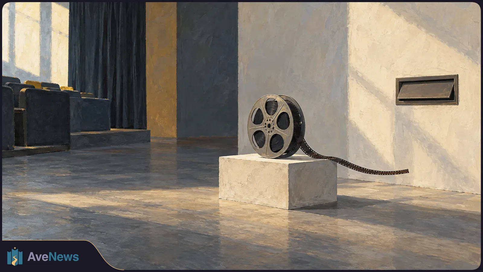 A painted film reel rests on a low pedestal in a cinema, its film strip trailing toward a wall with a narrow slot. Rows of seats stand to the left. SI illustration