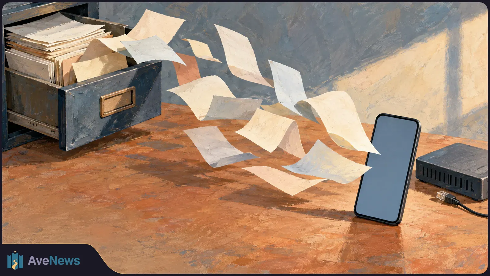 A painted scene shows loose sheets floating from an open filing drawer toward a blank-screen phone on a desk, with a small wired box at right. SI illustration