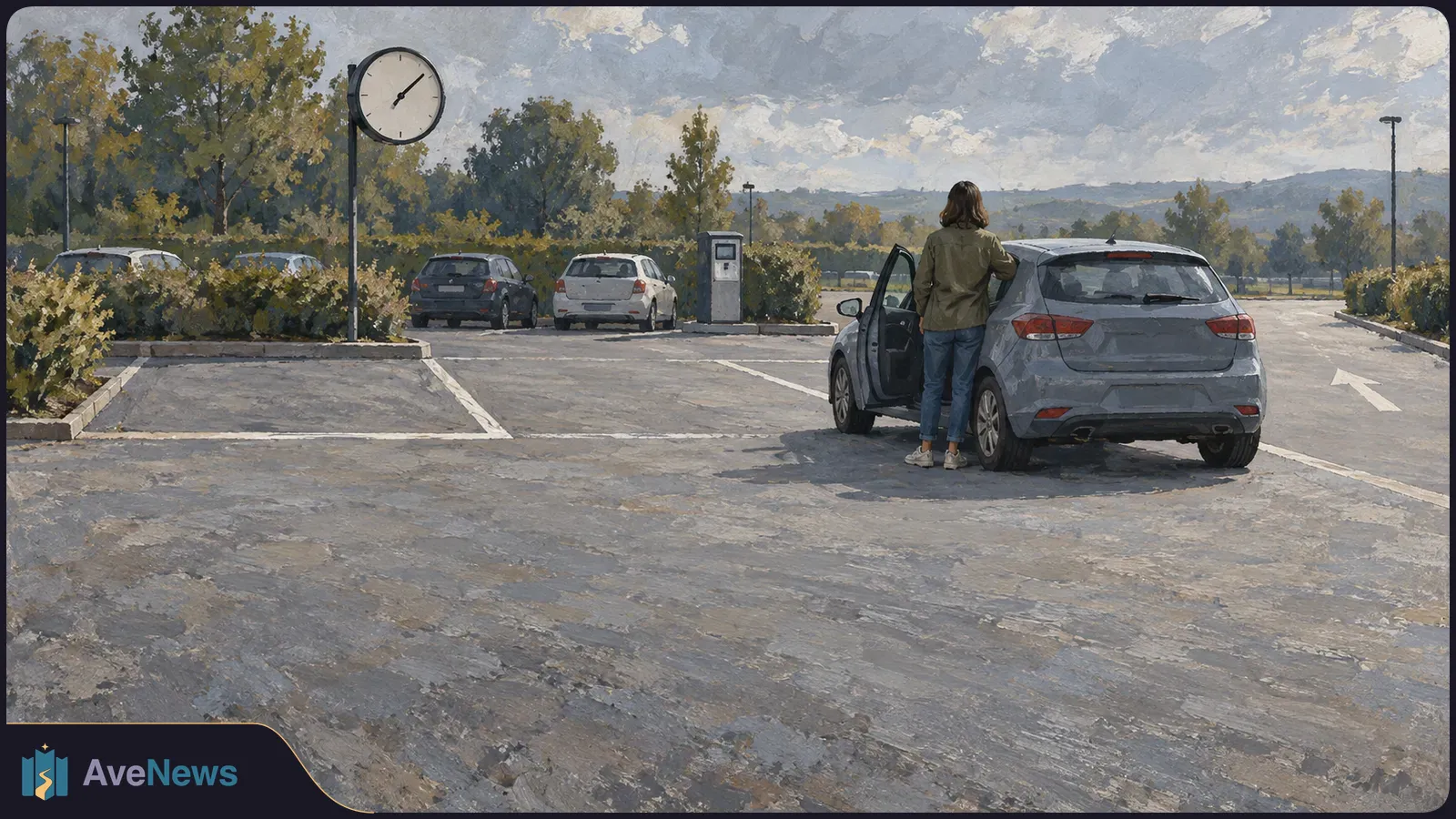 Painterly view of a parking lot with several cars, a large clock, and a person standing beside a gray car with its door open. SI illustration