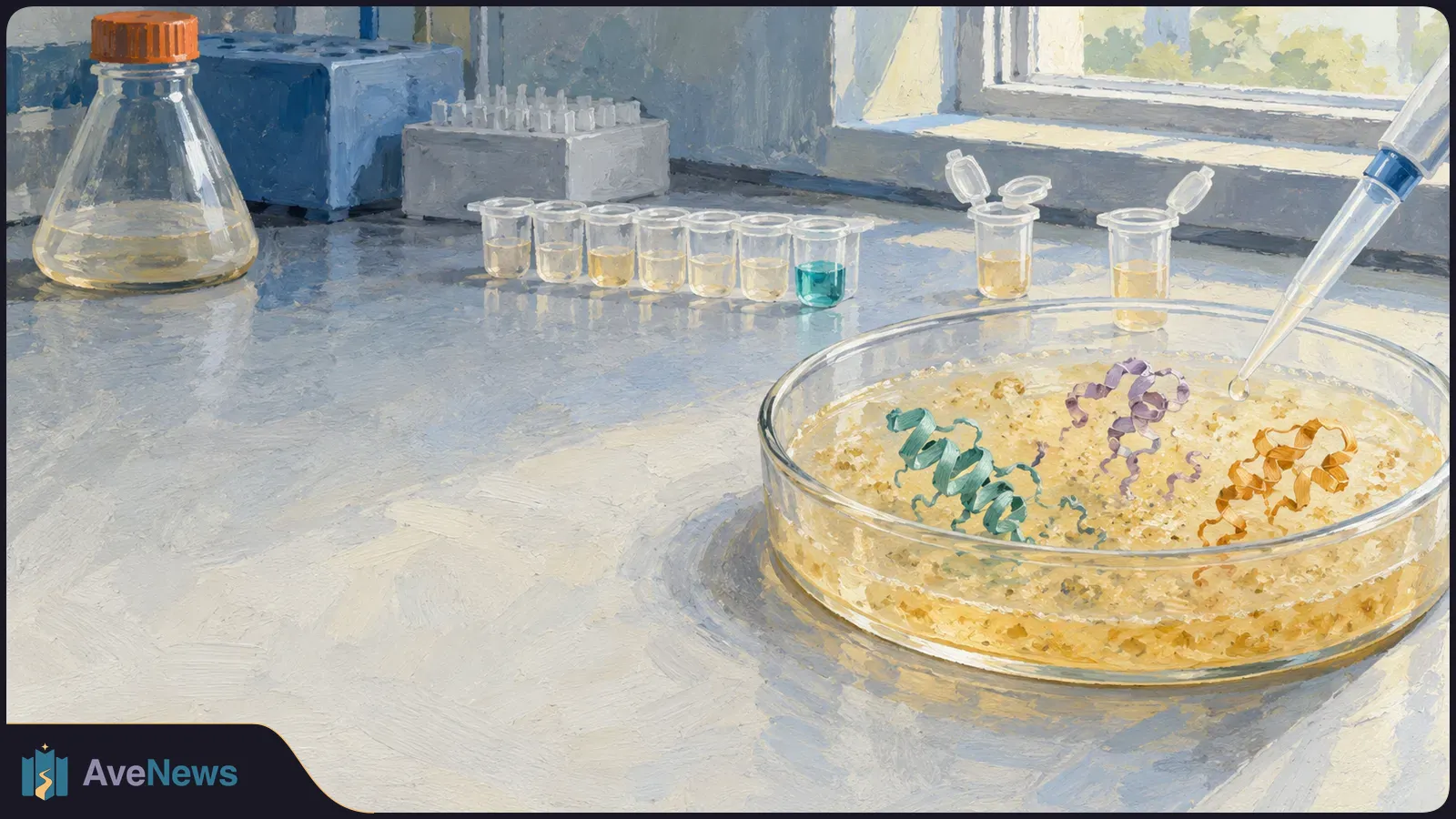 Painted lab scene with a pipette over a dish of pale mixture and three colorful protein-like ribbons. Sample tubes and a flask sit behind it. SI illustration
