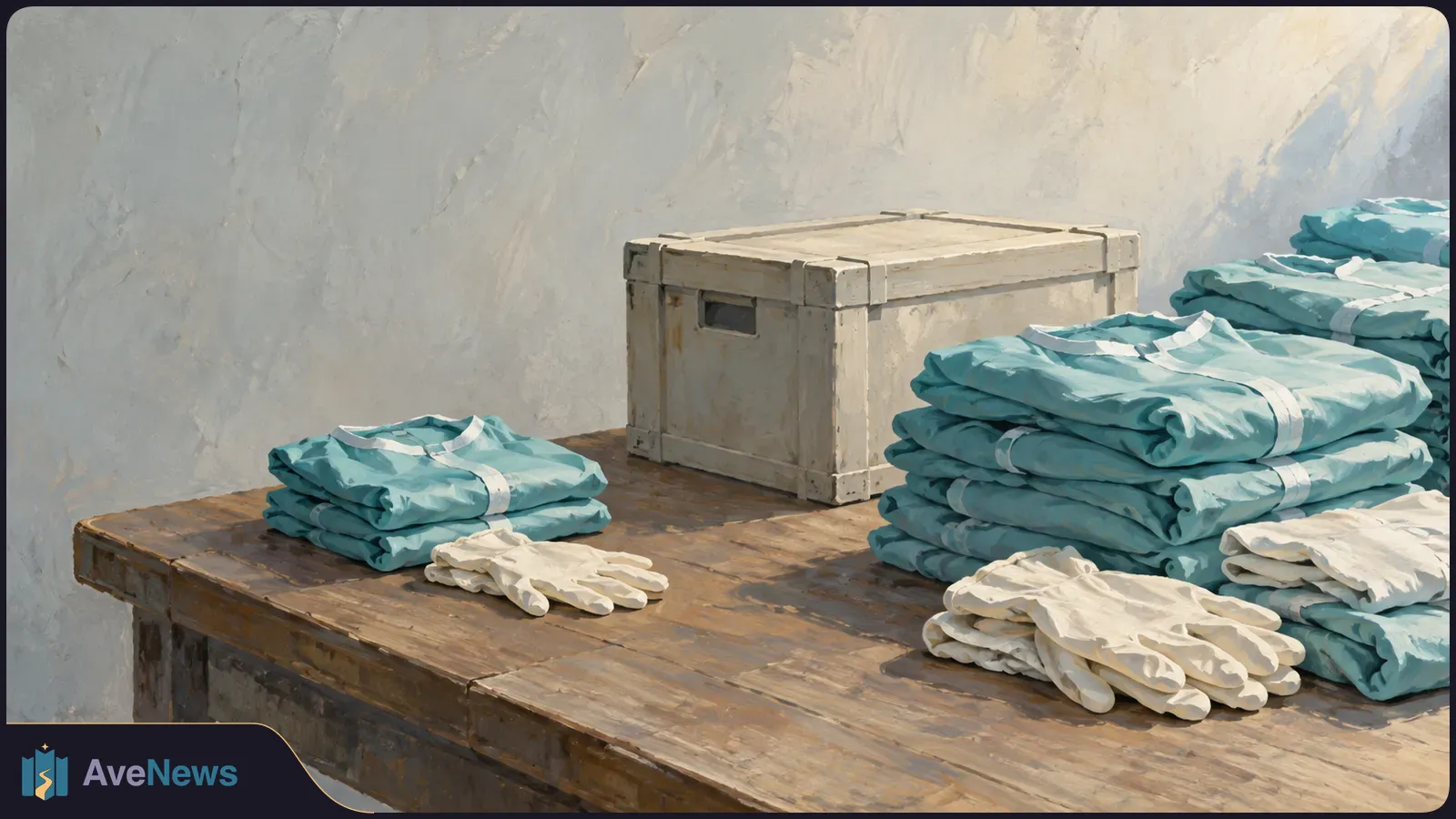 Illustration of folded teal gowns, white gloves and a pale wooden crate on a worn wooden table. SI illustration