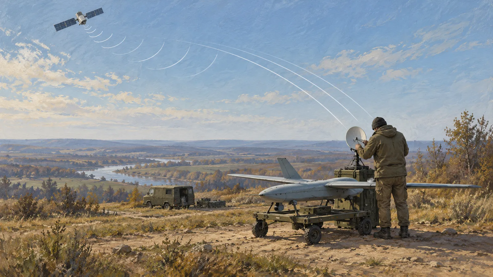An illustration shows a person beside a drone and a satellite dish on a hillside, with white arcs extending toward a satellite overhead. A van and river are in the distance. SI illustration