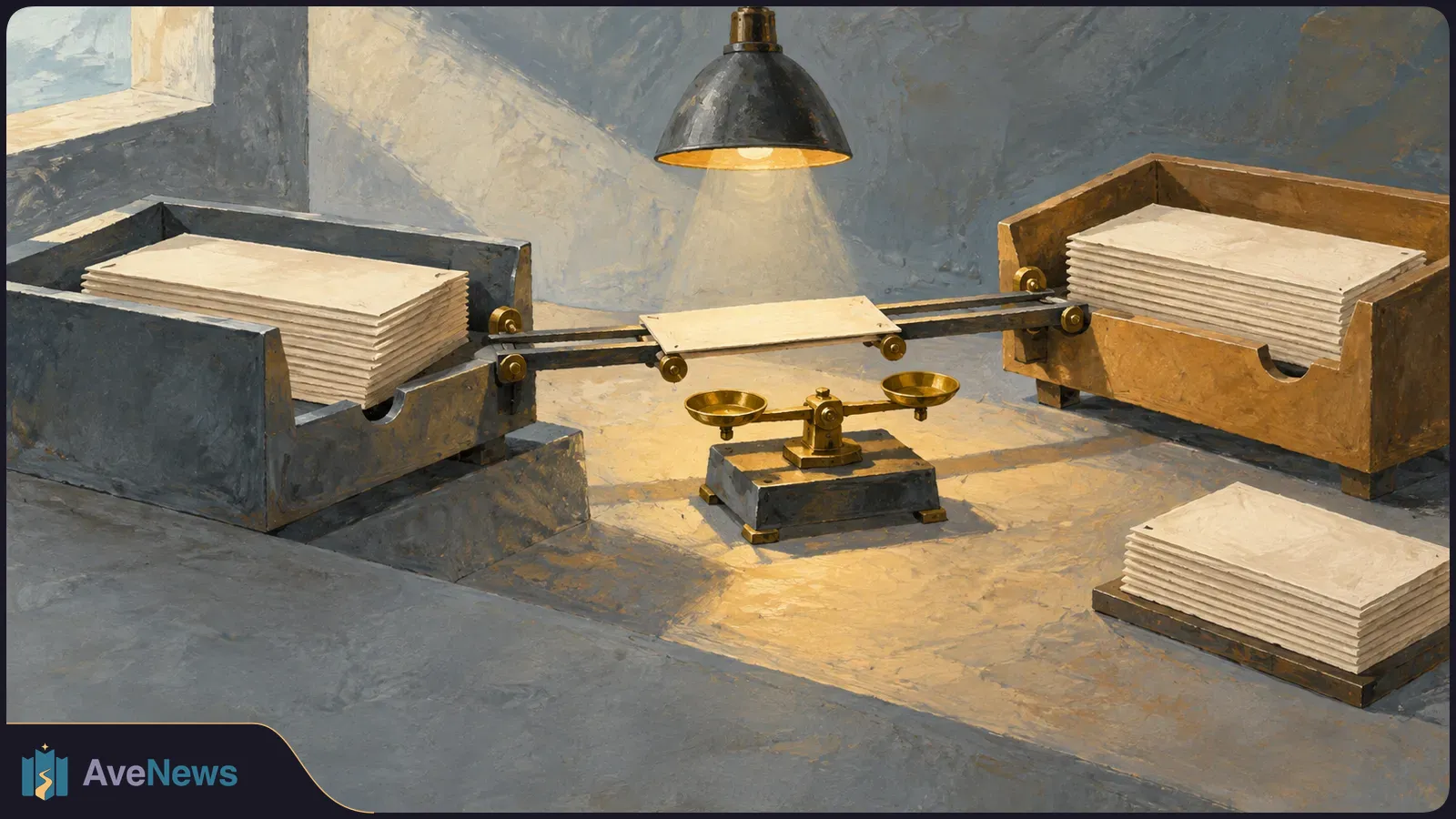 Painted scene of a blank sheet on rails between two stacks of paper, with a brass balance scale beneath it and a hanging lamp above. SI illustration