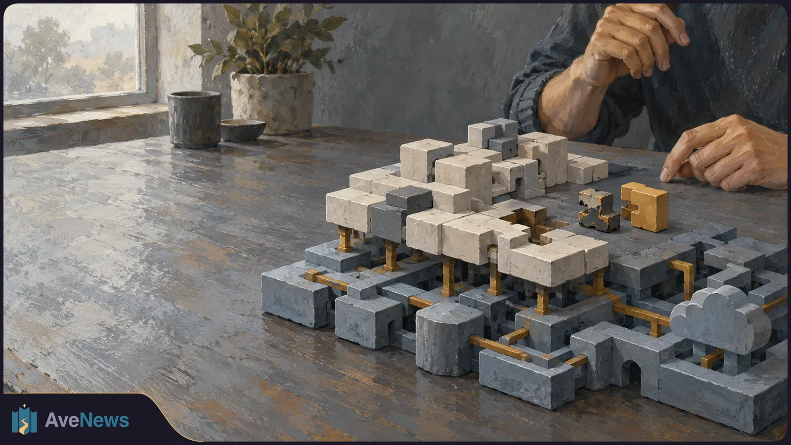 Painterly image of a person’s hands beside a tabletop arrangement of gray and white blocks linked by gold rods, with two loose pieces nearby. SI illustration
