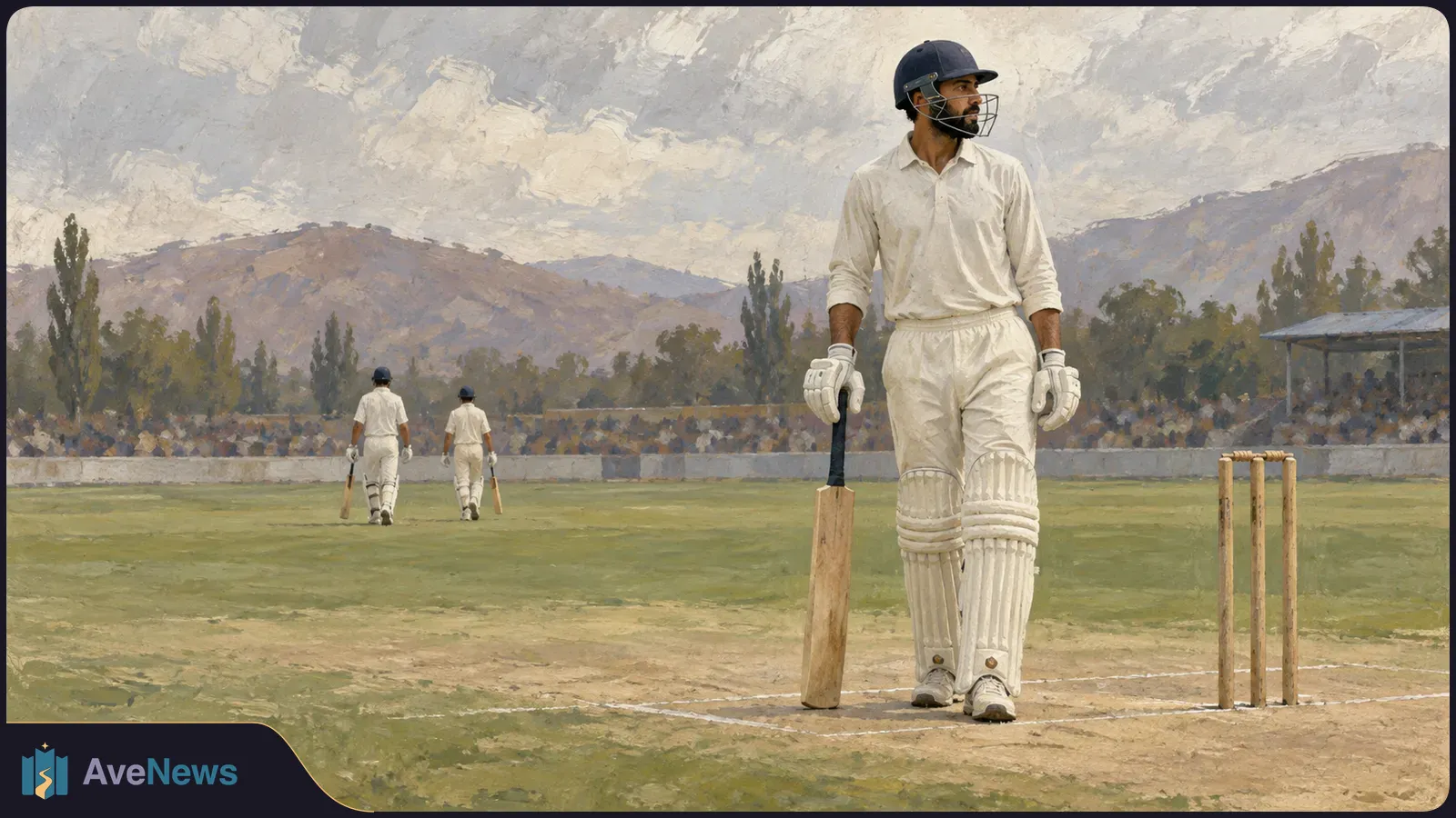 Painted cricket scene: a batter in white gear stands beside the stumps, holding a bat, while two players walk across the field beneath cloudy skies and hills. SI illustration
