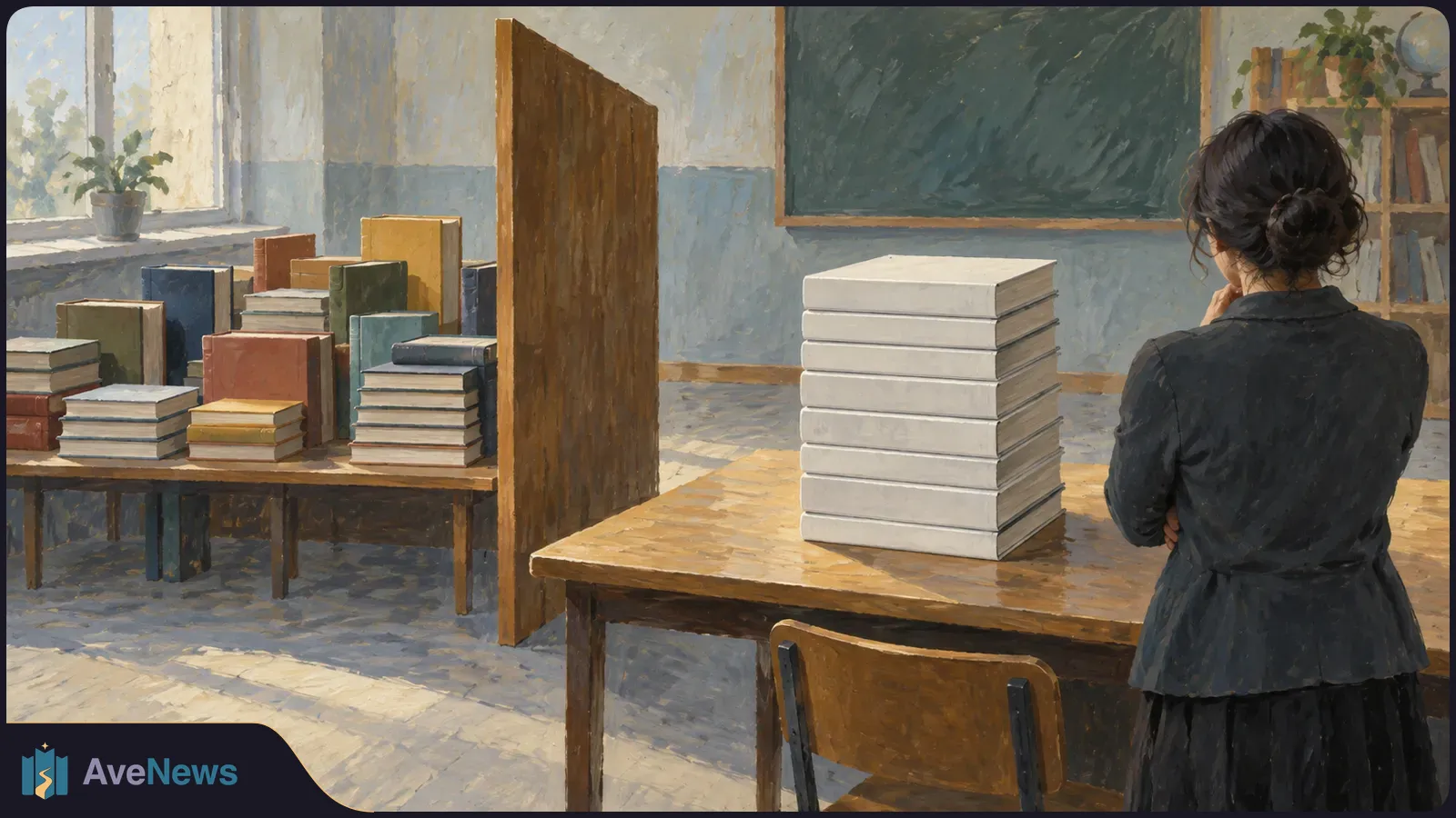 Illustration of a woman standing beside a stack of plain white books in a classroom; assorted books sit on another table across a wooden partition. SI illustration