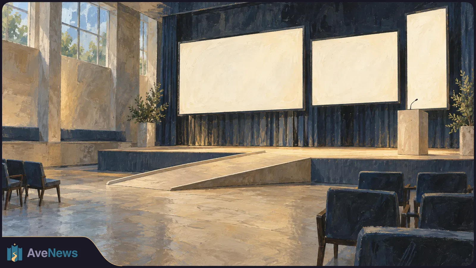 Painted empty auditorium with rows of dark chairs facing a stage, three blank panels, a podium, plants and a ramp. SI illustration
