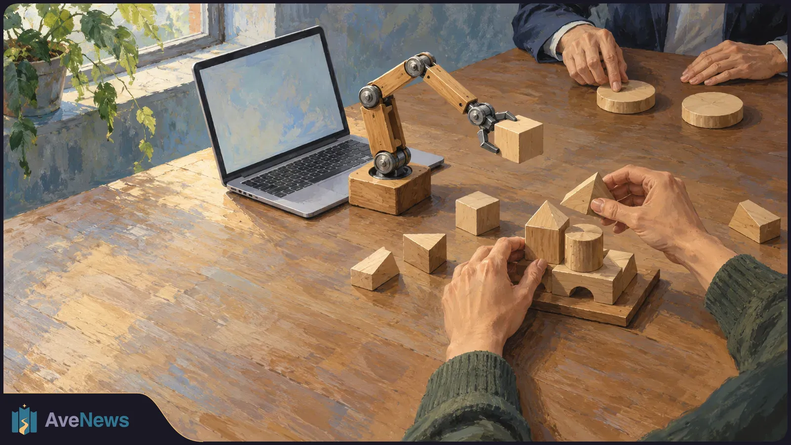 A wooden robotic arm holds a block beside a blank laptop as hands arrange wooden shapes on a table; another person's hands rest near two round pieces. SI illustration