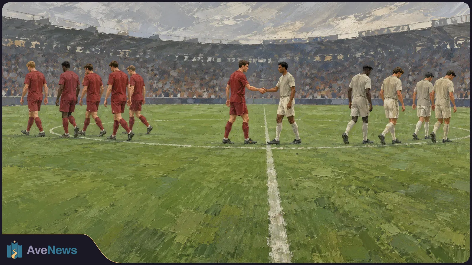 Painterly illustration of football players in maroon and white kits on a stadium pitch. Two shake hands at midfield while the others walk away. SI illustration