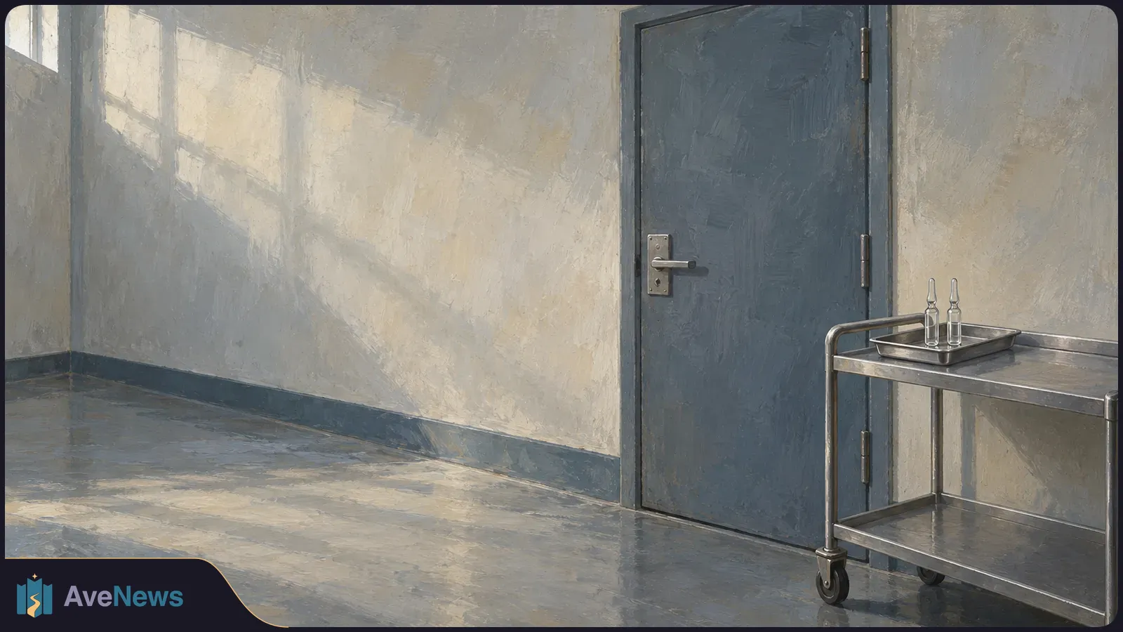 An empty, sunlit room with a closed blue-gray door and a metal trolley holding a tray with two glass ampoules. SI illustration