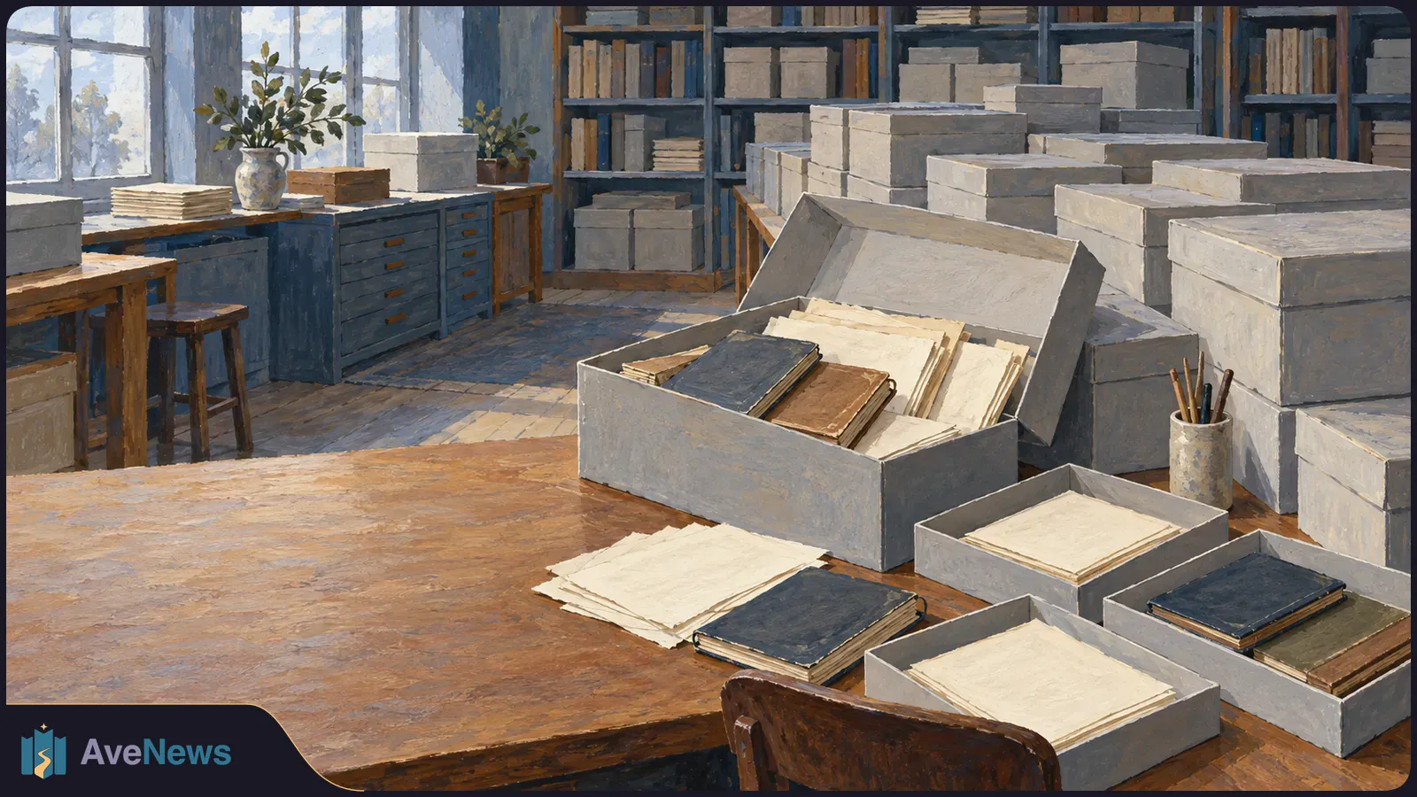 A painted archive room with shelves of books and storage boxes. An open box of papers and notebooks sits on a wooden table. SI illustration