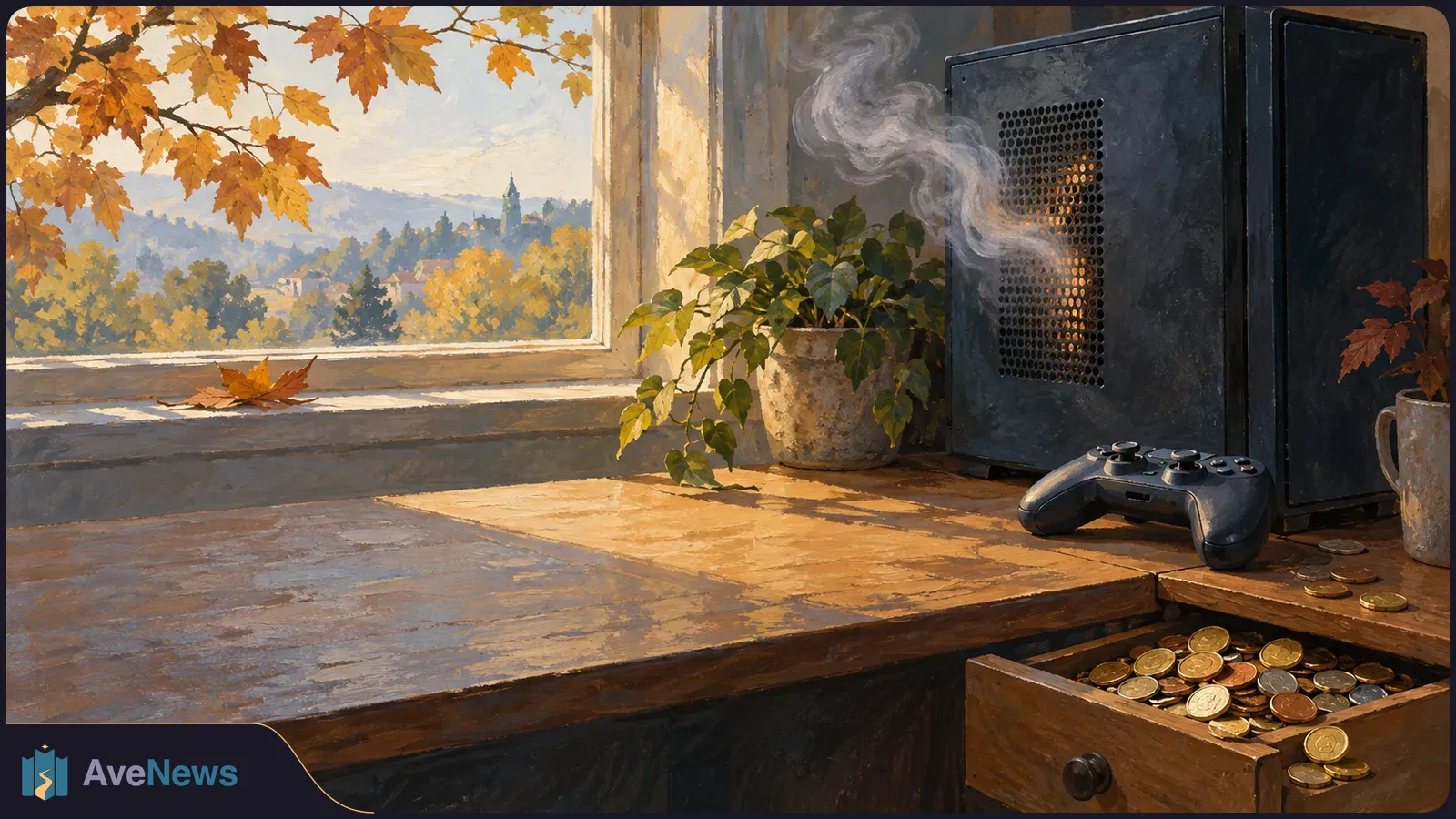 Painted scene of steam rising from a black gaming PC beside a controller and an open drawer of coins, with autumn trees beyond a window. SI illustration