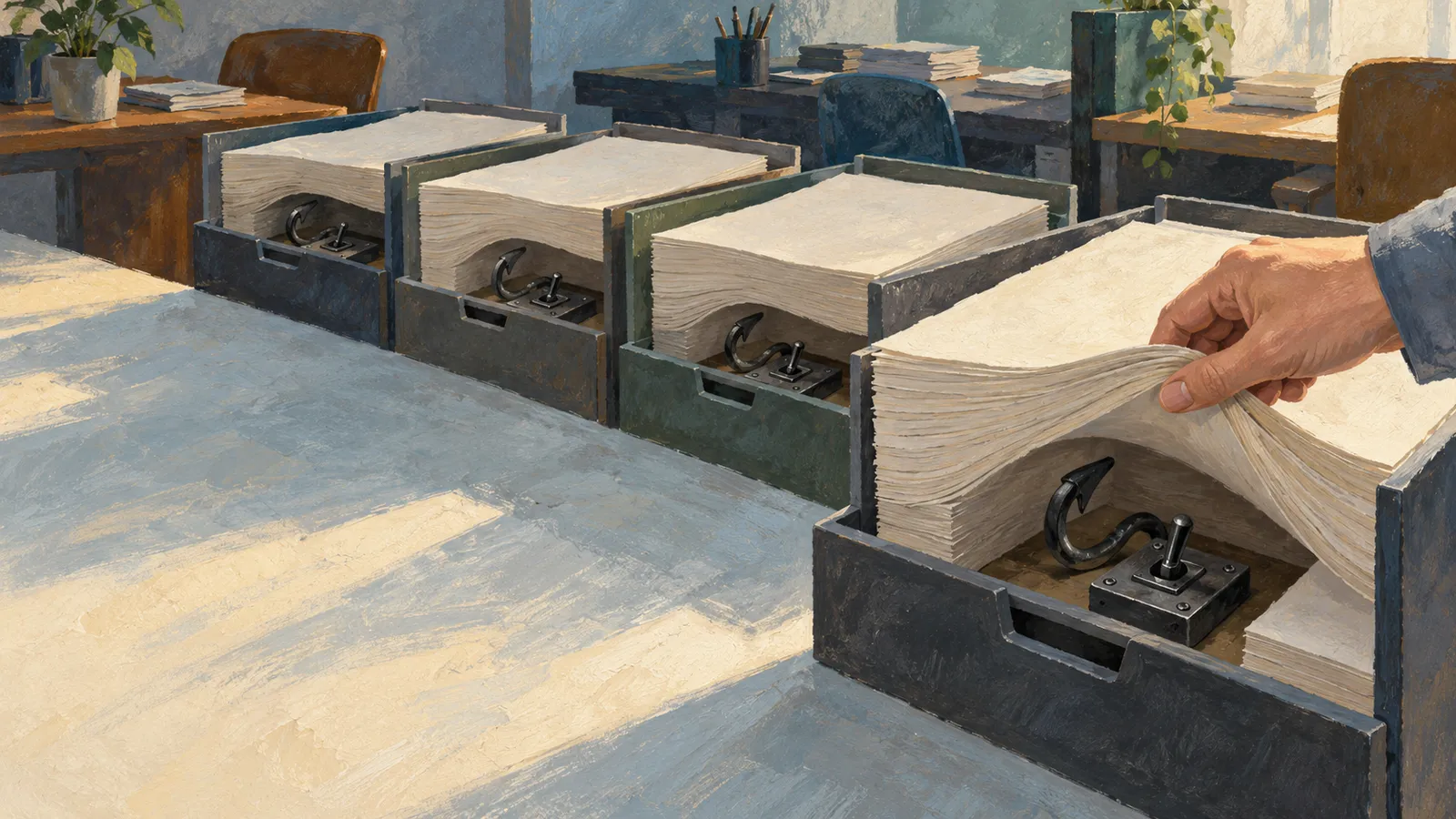 In a painted office scene, a hand lifts a thick stack of paper in one of four open boxes, revealing a black hook and switch beneath it. SI illustration