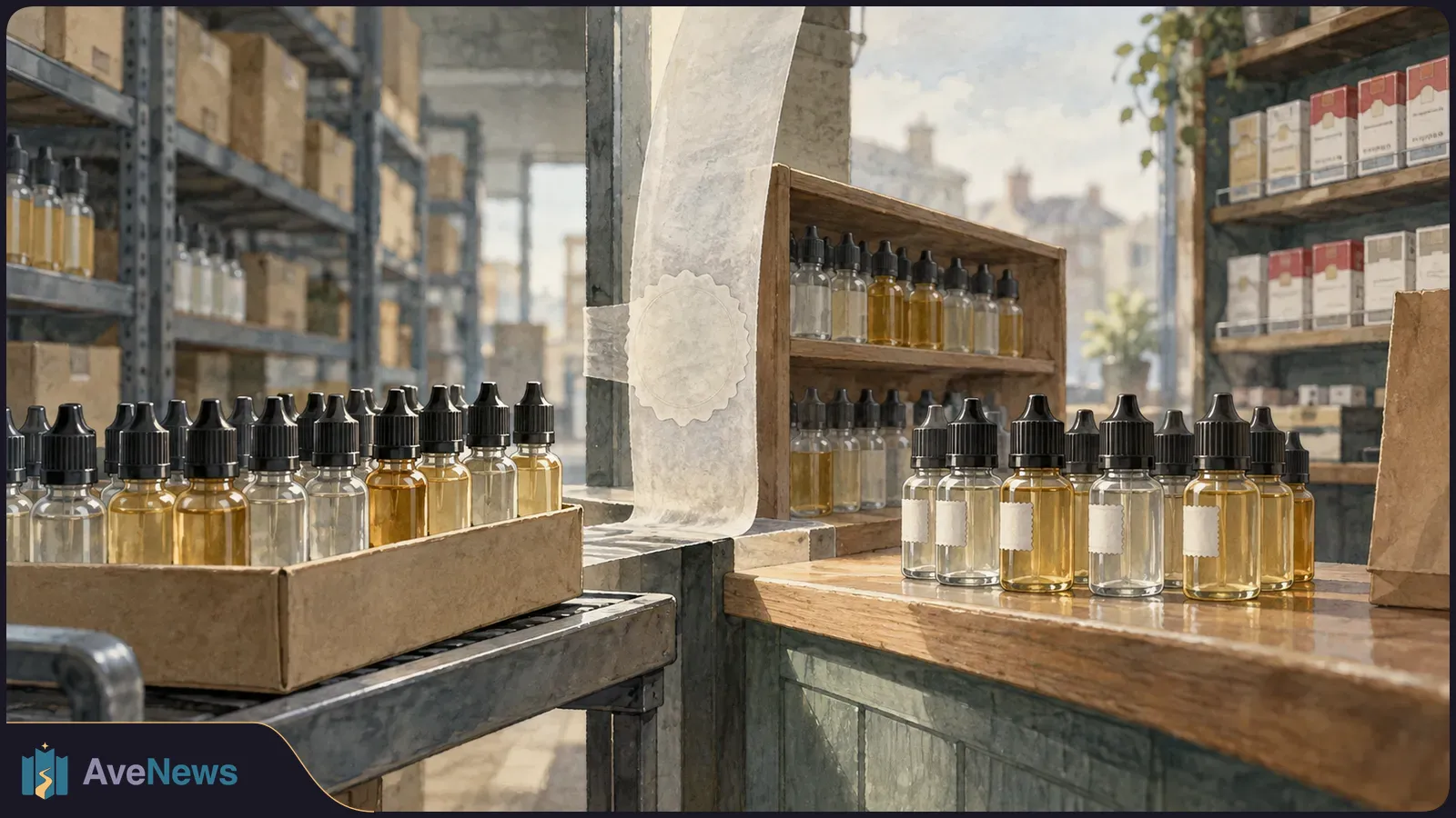 Illustration of rows of small dropper bottles with clear and amber liquid, displayed in a cardboard tray and on a shop counter, with boxed stock on shelves behind. SI illustration