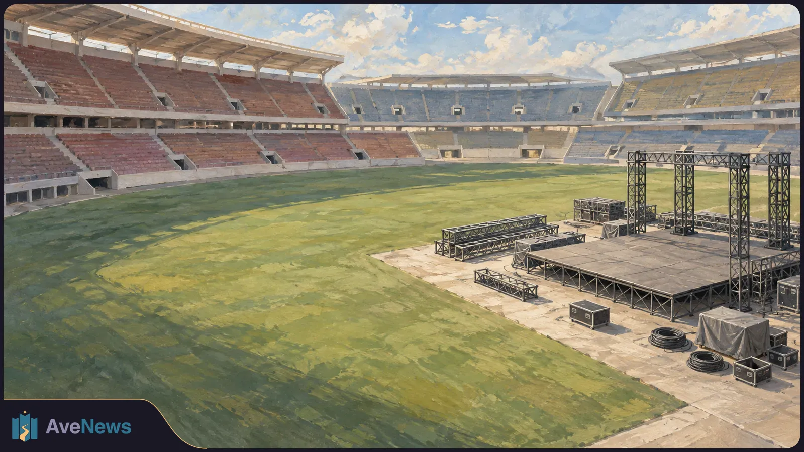 Painted view of an empty stadium with a grassy field, tiered seats, and a stage with metal trusses and equipment cases. SI illustration