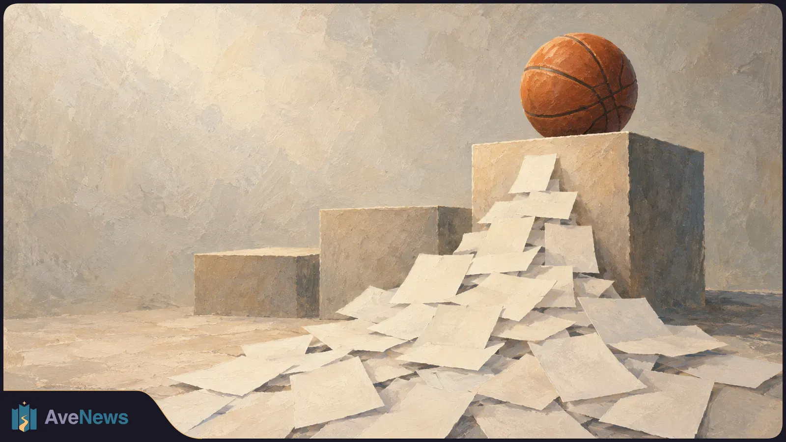 Painterly illustration of a basketball resting on the tallest of three plain blocks, with loose white sheets spilling down onto the floor. SI illustration