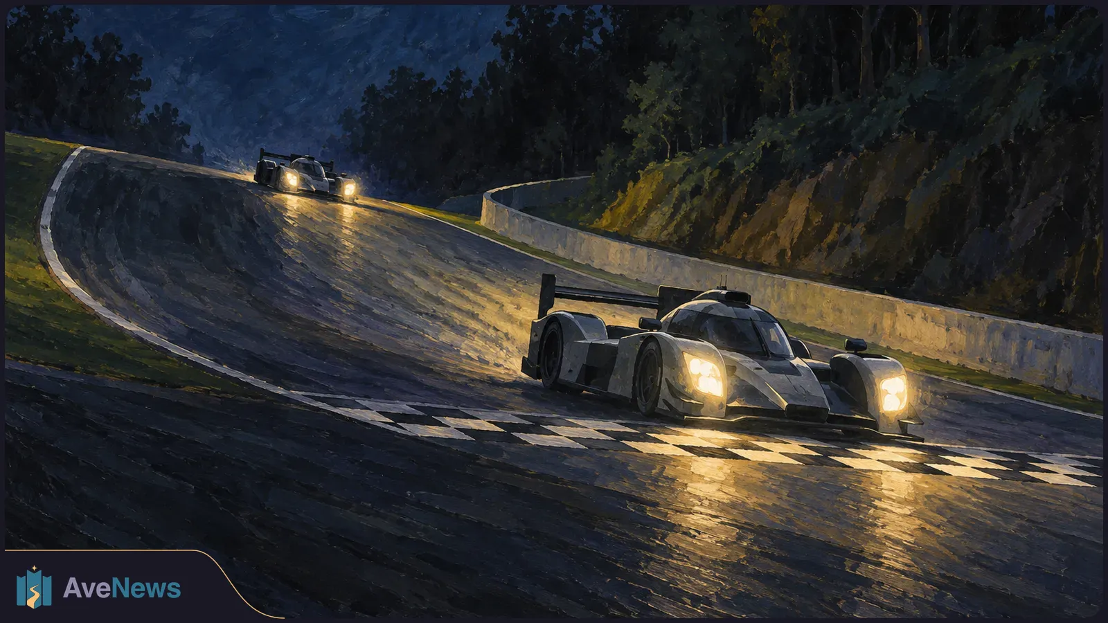 A painted night scene shows a silver prototype race car crossing a checkered finish line on a winding track, with a second car farther back among dark trees. SI illustration