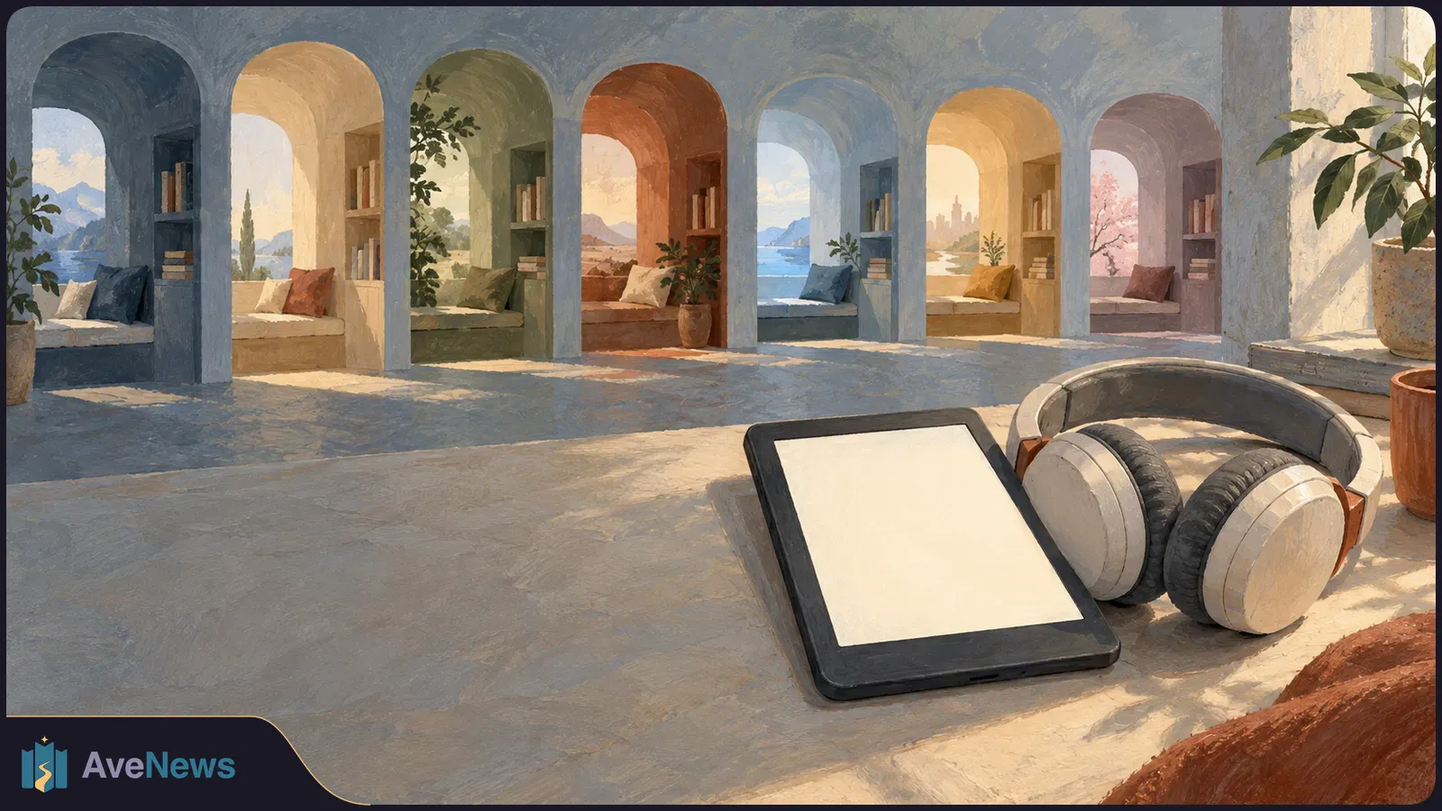 A blank e-reader and headphones rest before seven differently colored reading alcoves in a sunlit painted scene. SI illustration